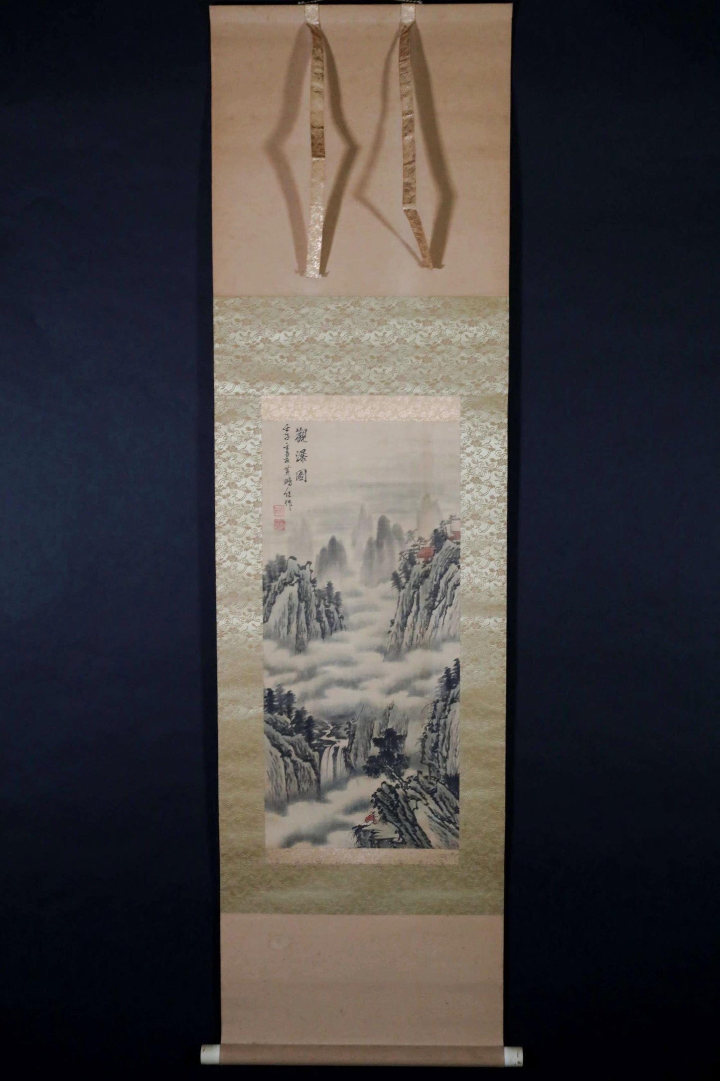 Japanese vintage India-ink painting scroll fine Landscape Mountain View Clouds, Waterfalls and Hermits Kanji sign KAKEJIKU H56.3in/H143cm