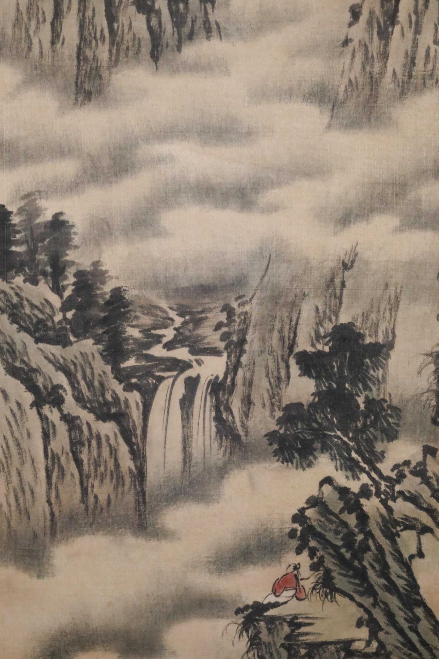 Japanese vintage India-ink painting scroll fine Landscape Mountain View Clouds, Waterfalls and Hermits Kanji sign KAKEJIKU H56.3in/H143cm