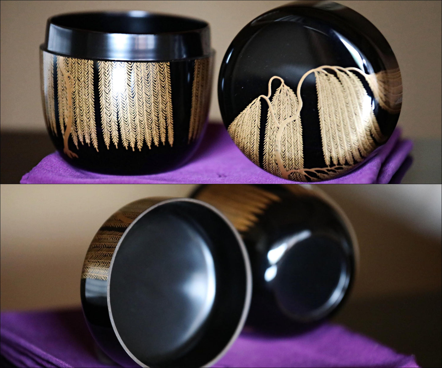 FINE!! Japanese vintage "matcha" green tea caddy with golden willow tree, "棗 natsume", for tea ceremony 1970s H3in/H7.5cm