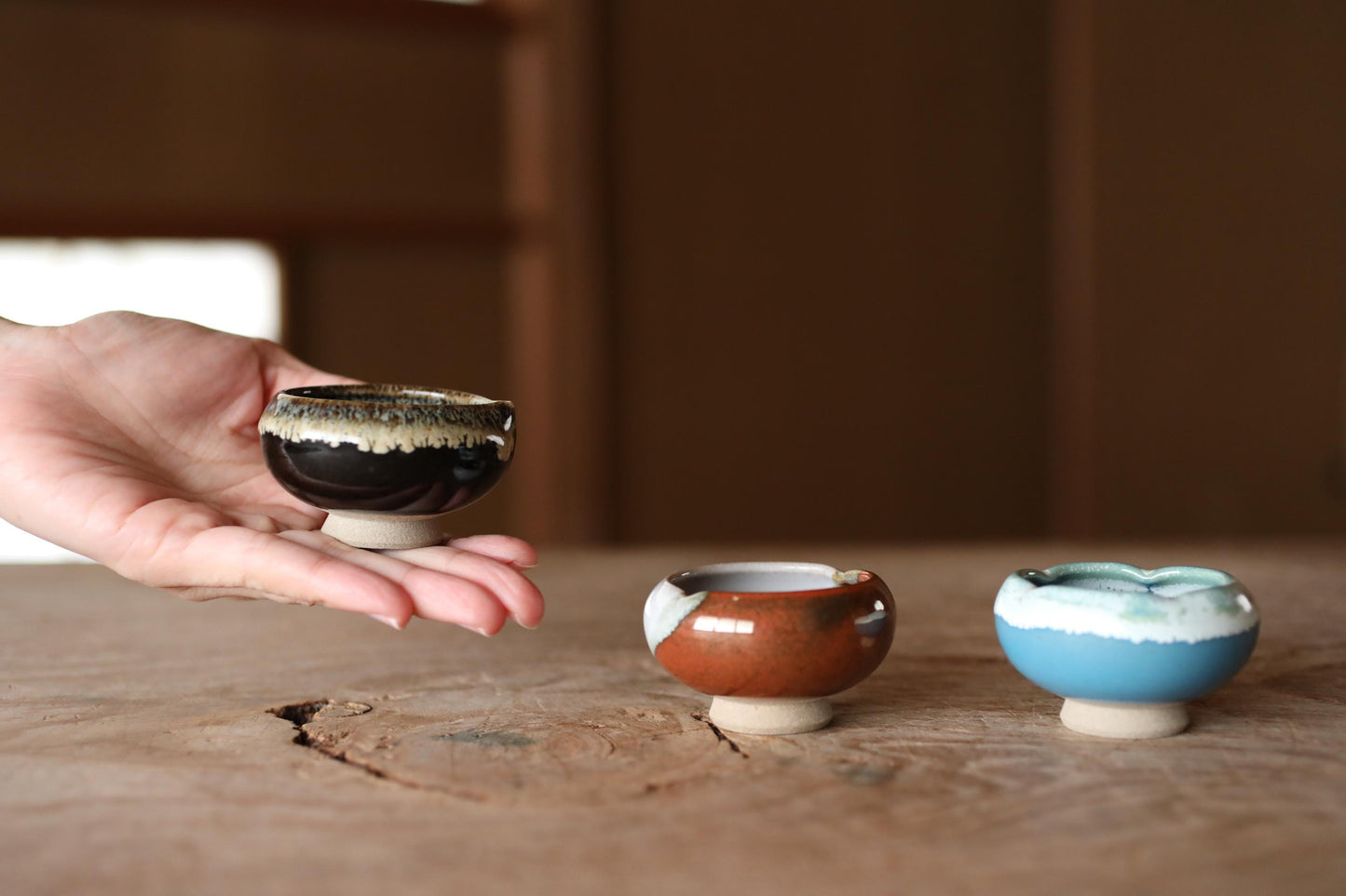 Japanese vintage set of 3 sake cups ARITA ware ceramic with Kanji signature box For GIFT H1.4×2.6in