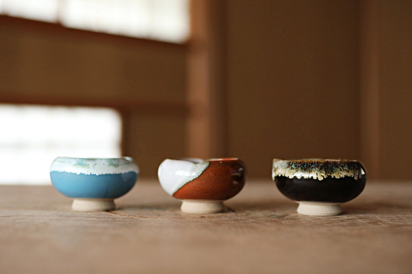 Japanese vintage set of 3 sake cups ARITA ware ceramic with Kanji signature box For GIFT H1.4×2.6in