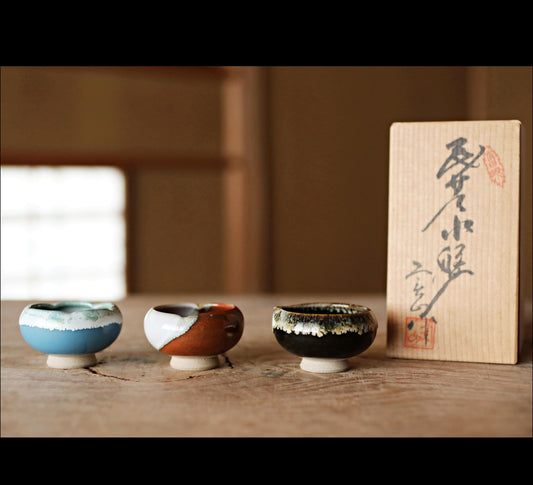 Japanese vintage set of 3 sake cups ARITA ware ceramic with Kanji signature box For GIFT H1.4×2.6in