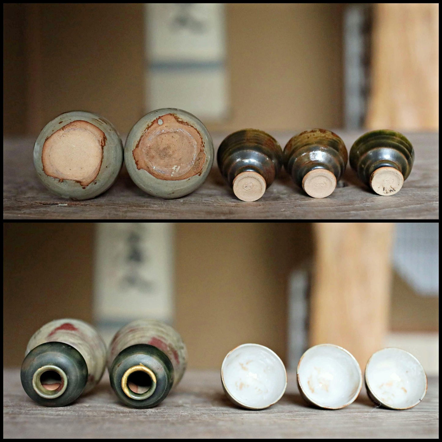 A pair of Kintsugi Tokkuri bottles and cups, Japanese antique porcelain sake bottle and cups with old words in Kanji H3.9in/10cm