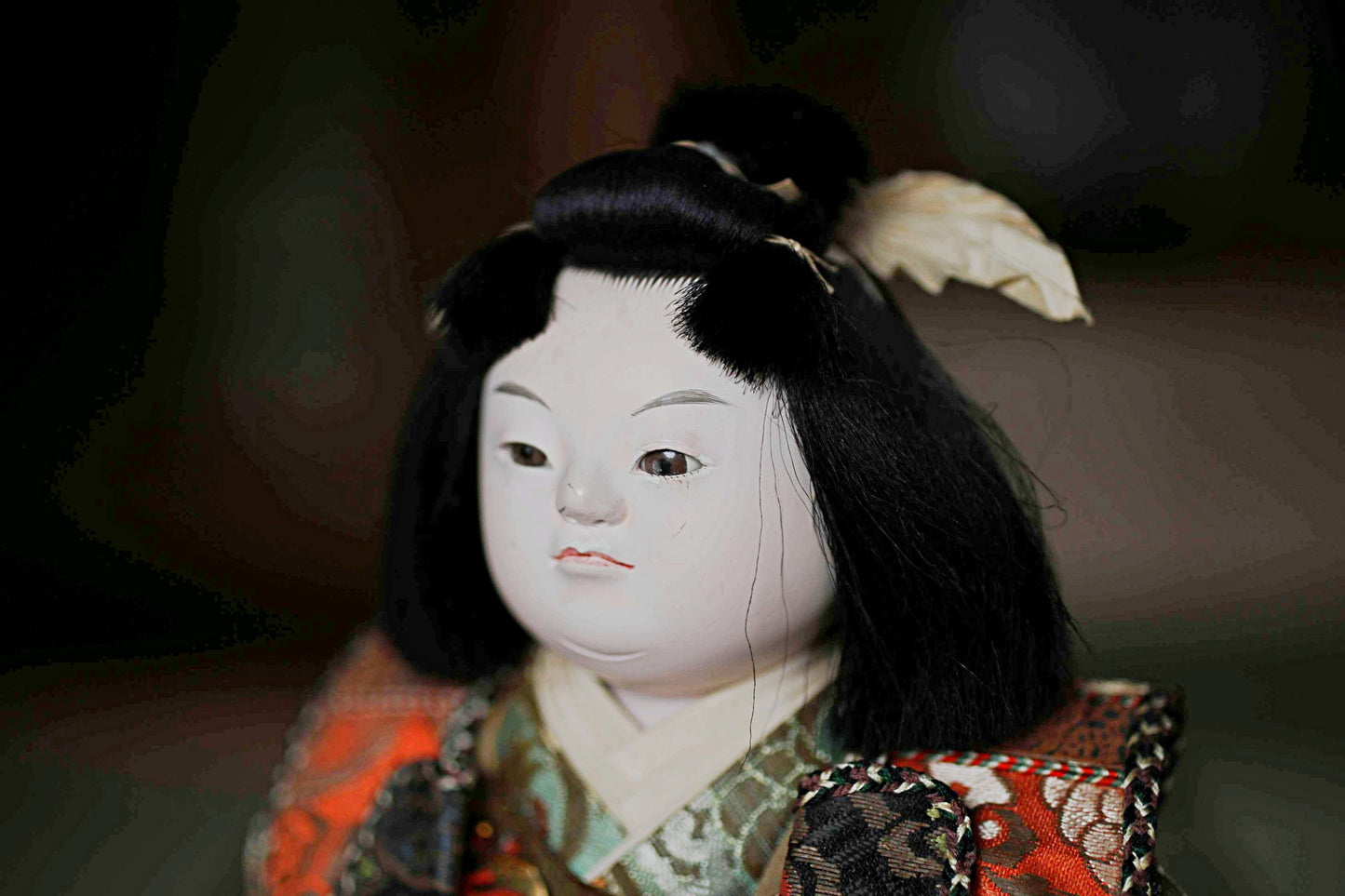 FINE! Japanese vintage 1960s Kabuki doll named "桃太郎 Monster Hunter" made of wood and silk KIMONO for Gift H11.8×6.7in/H30×17cm
