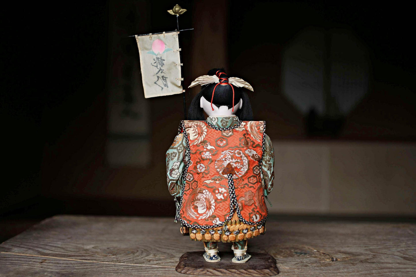 FINE! Japanese vintage 1960s Kabuki doll named "桃太郎 Monster Hunter" made of wood and silk KIMONO for Gift H11.8×6.7in/H30×17cm