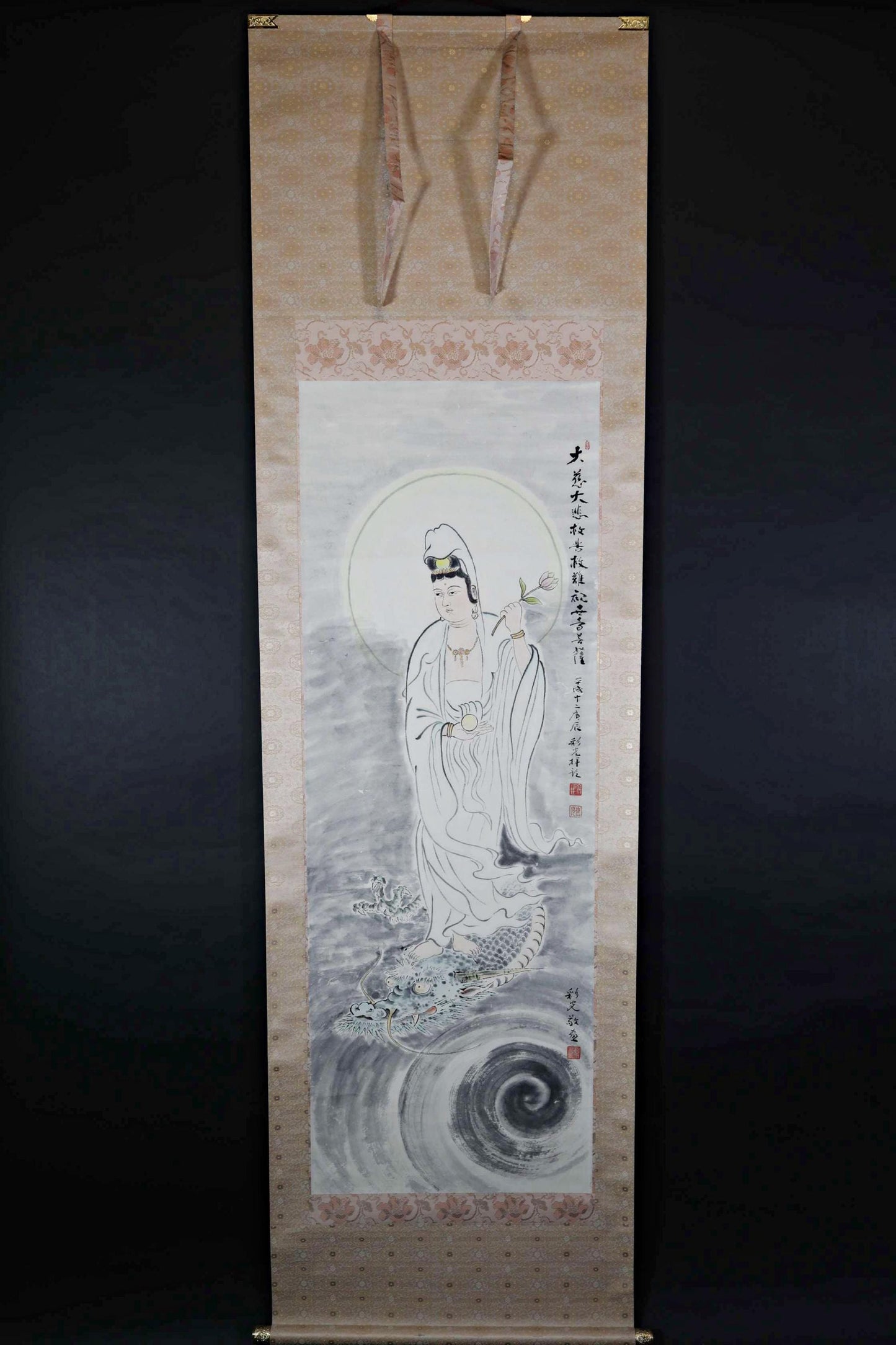 Japanese vintage painting scroll Buddha Kannon Bodhisattva with Dragon ,Beautiful ink silk hanging scroll Kakejiku 1980s H77.6in/H197cm
