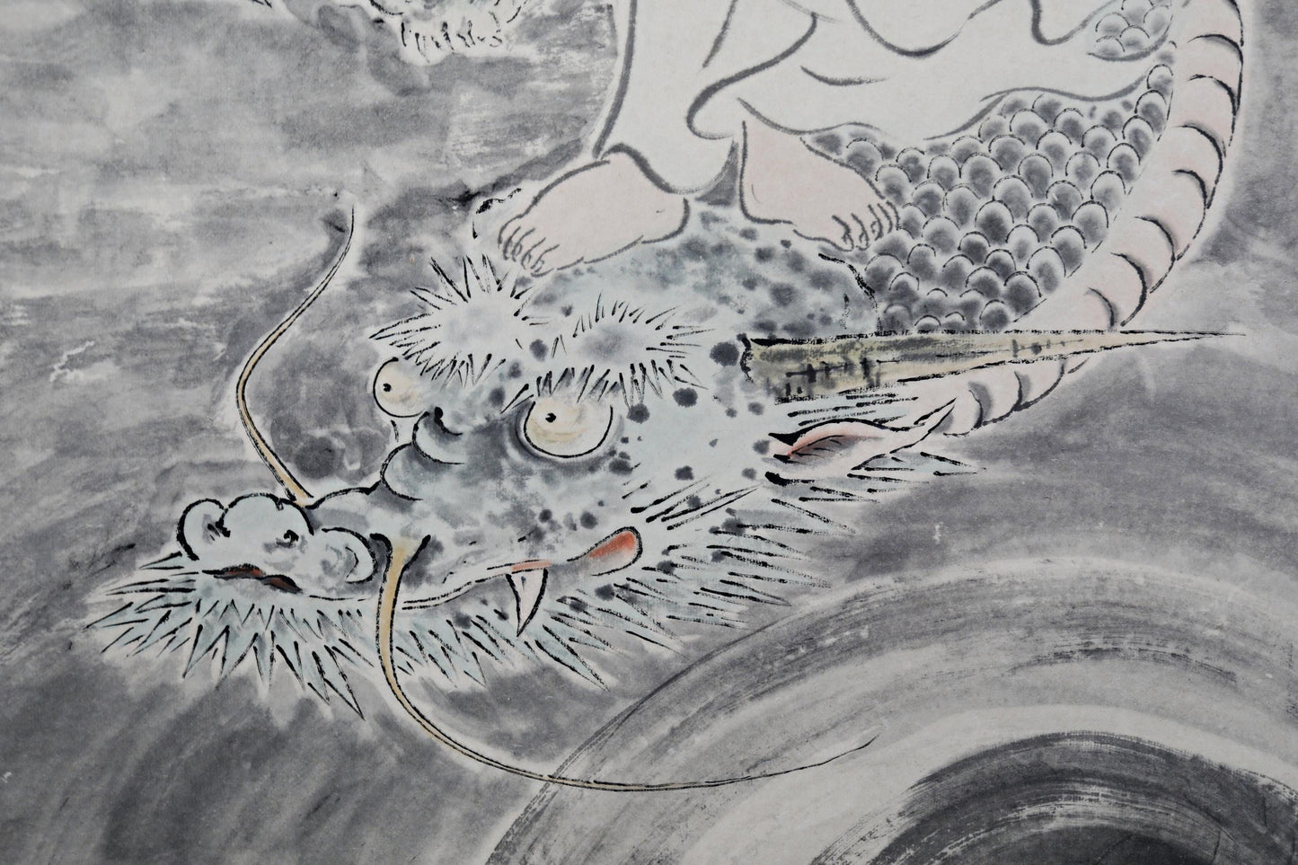Japanese vintage painting scroll Buddha Kannon Bodhisattva with Dragon ,Beautiful ink silk hanging scroll Kakejiku 1980s H77.6in/H197cm
