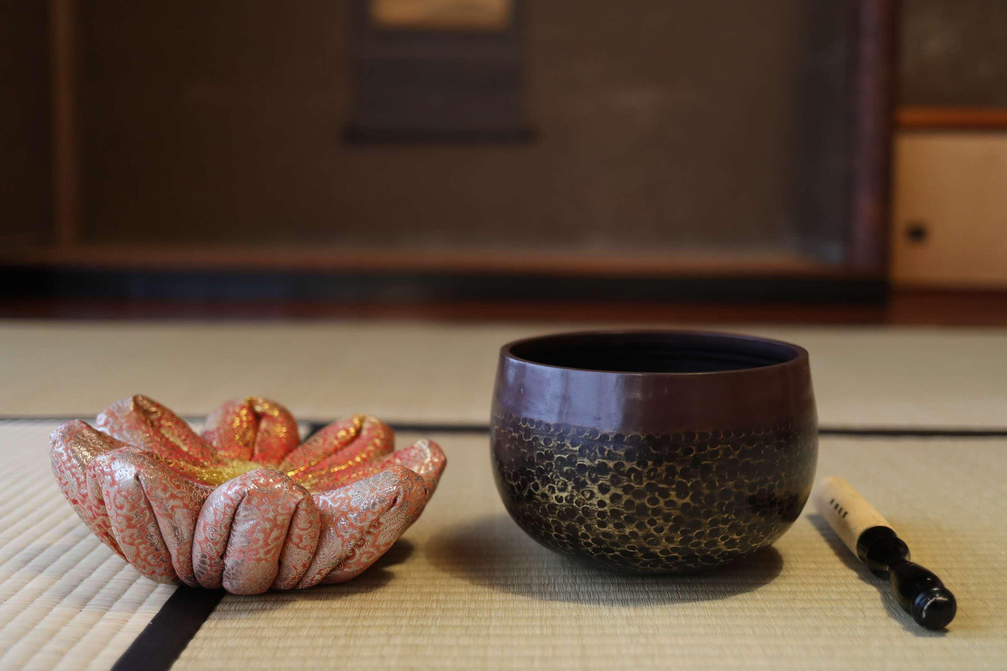 Japanese vintage Bronze buddhist chanting bell with Kanji sign 栄龍, Singing Bowl, ORIN Buddhist temple with silk cushion stick 7.4in/18.7cm