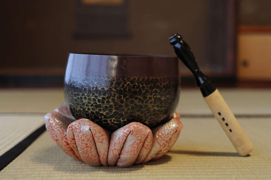 Japanese vintage Bronze buddhist chanting bell with Kanji sign 栄龍, Singing Bowl, ORIN Buddhist temple with silk cushion stick 7.4in/18.7cm