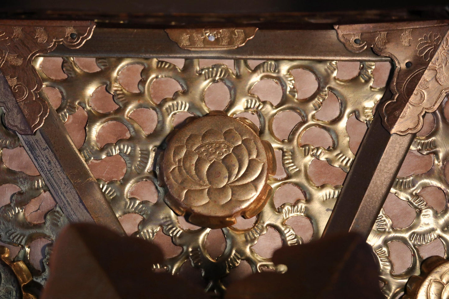 RARE! BIG! Japanese Antique gold Lantern Buddhist temple lamp Hanging Lantern Tsuridoro open work H14.6×W16.5in/H37×42cm