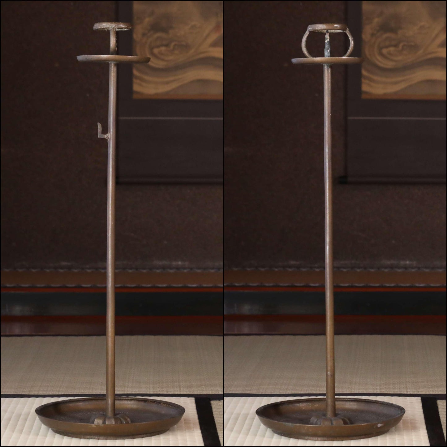 FINE! Japan Antique 1870s bronze candle stand tall Candlestick metal Lantern Shokudai hand craft SAMURAI Buddhist temple Edo H27.2in/H69cm