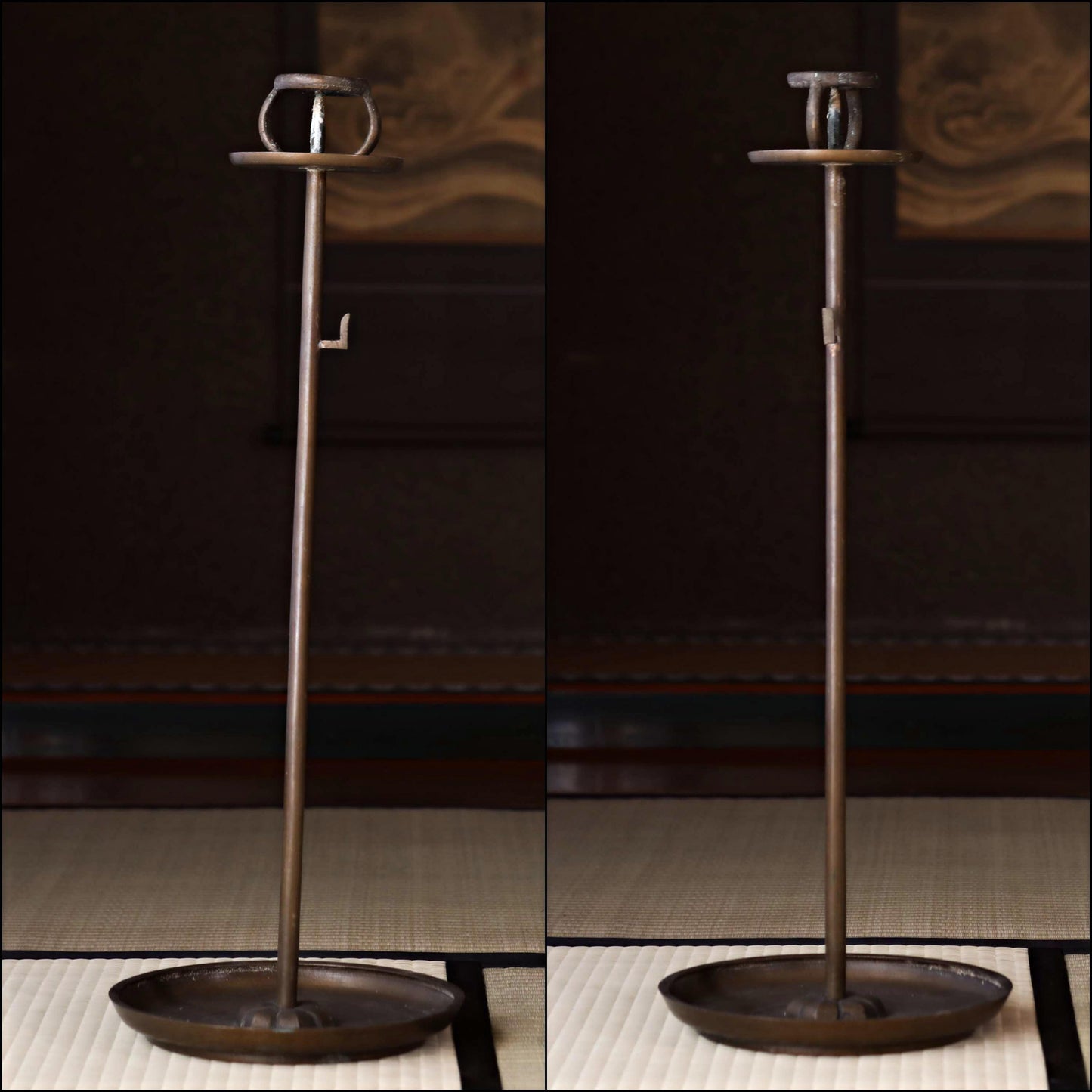 FINE! Japan Antique 1870s bronze candle stand tall Candlestick metal Lantern Shokudai hand craft SAMURAI Buddhist temple Edo H27.2in/H69cm