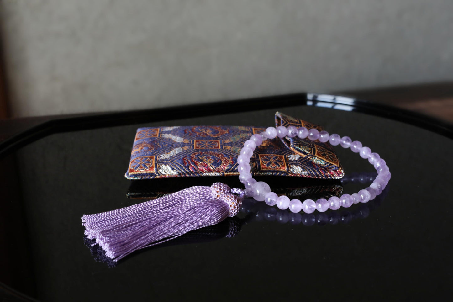 FINE! Japanese buddhist Prayer Rosary made of Amethyst beads and silk, JUZU Power stone Meditation Zen with Silk Pouch wooden box for GIT