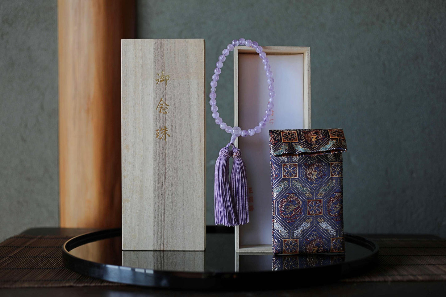 FINE! Japanese buddhist Prayer Rosary made of Amethyst beads and silk, JUZU Power stone Meditation Zen with Silk Pouch wooden box for GIT