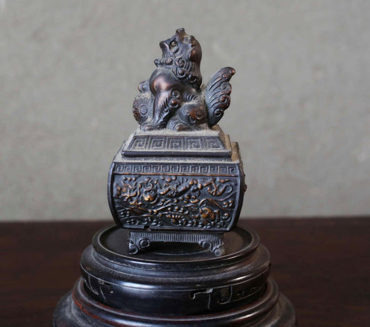 Japanese antique bronze small censer incense holder with shishi lion sign ,Smoke from the lion's mouth For GIFT H3.9in/H10cm