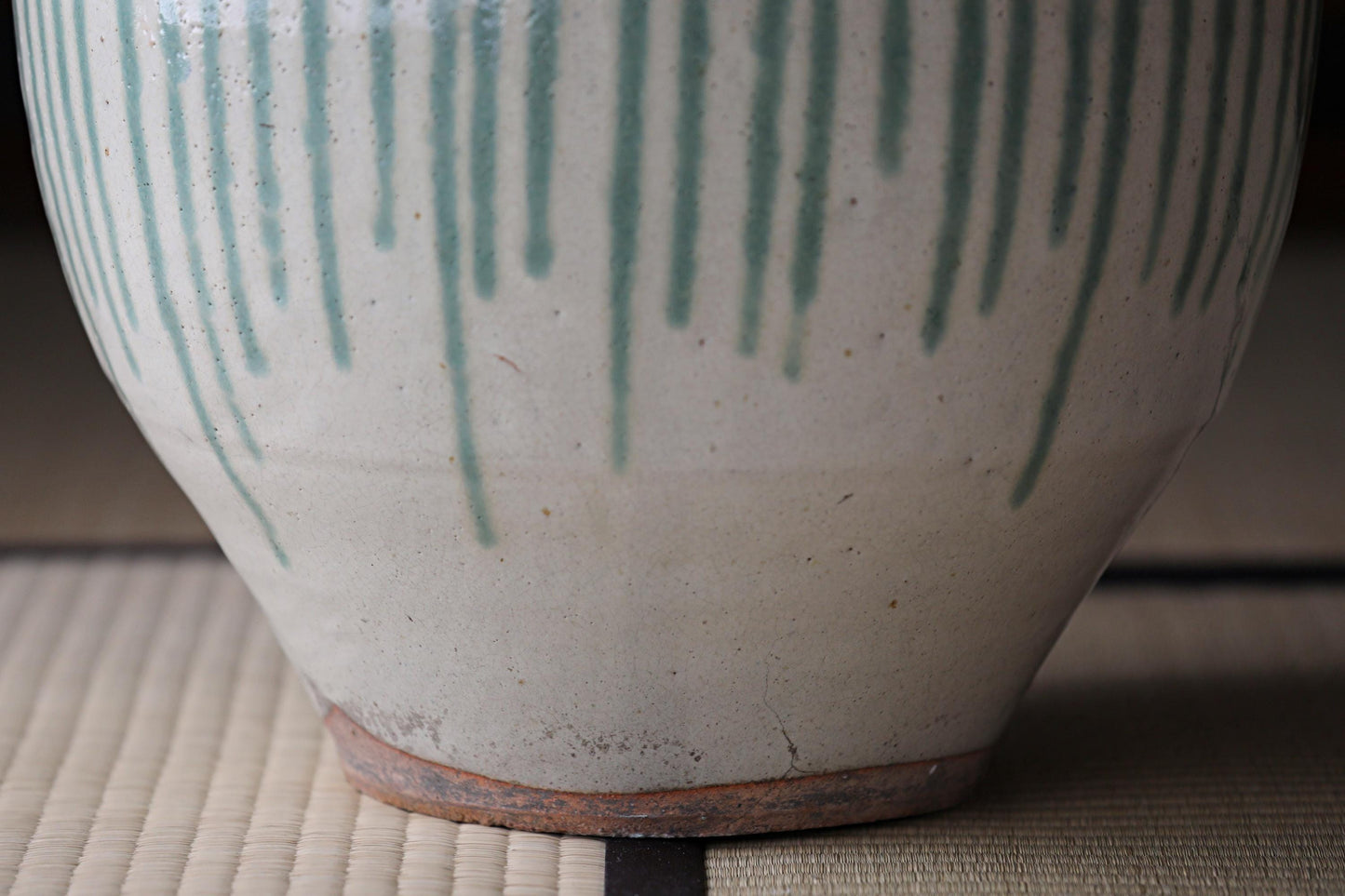 BIG! FINE! Japanese antique ceramic jar SHIGARAKI ware 1890s, Beautiful blue-green stripes like a waterfall, H19.3xW14.6/H49xW37cm