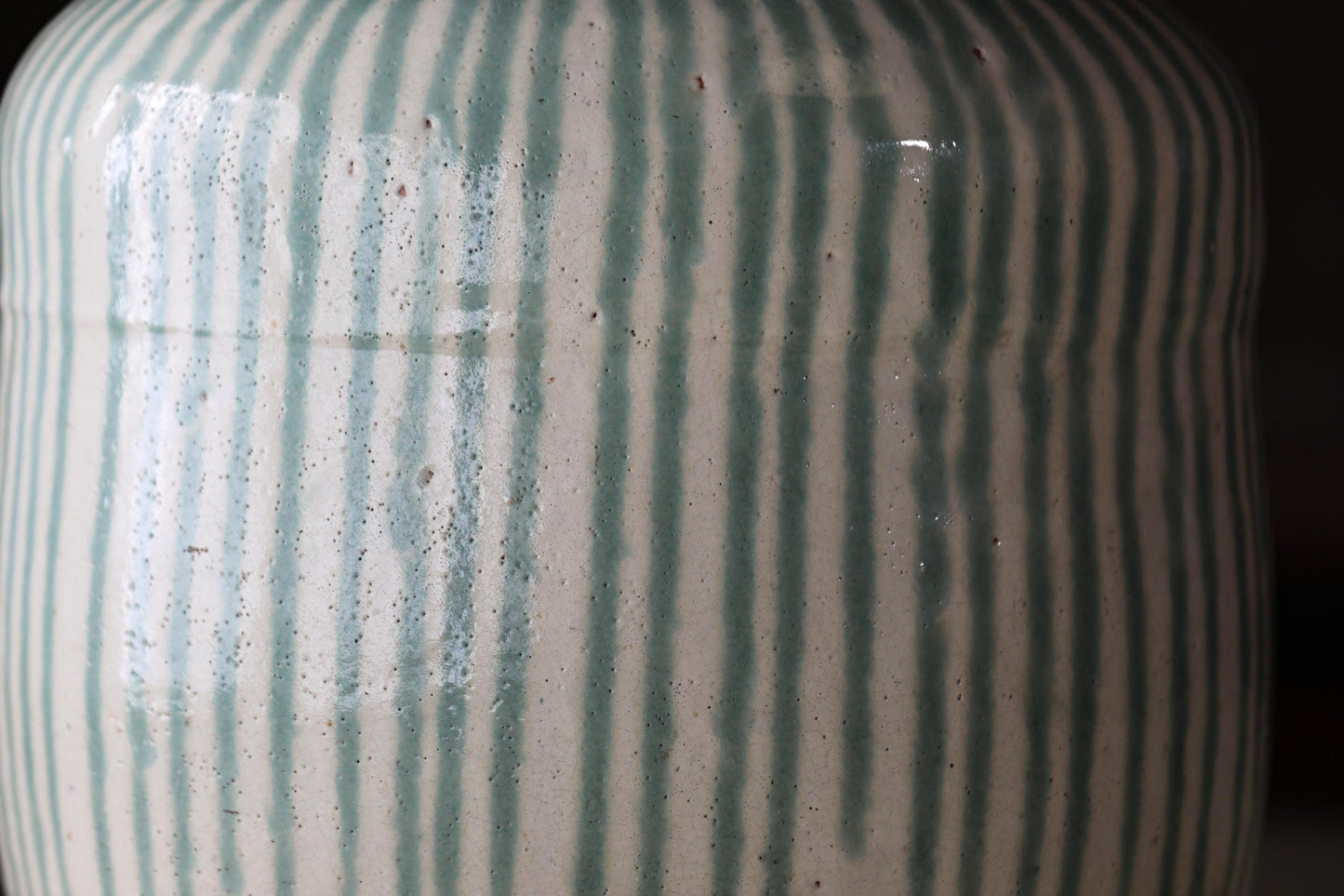 BIG! FINE! Japanese antique ceramic jar SHIGARAKI ware 1890s, Beautiful blue-green stripes like a waterfall, H19.3xW14.6/H49xW37cm