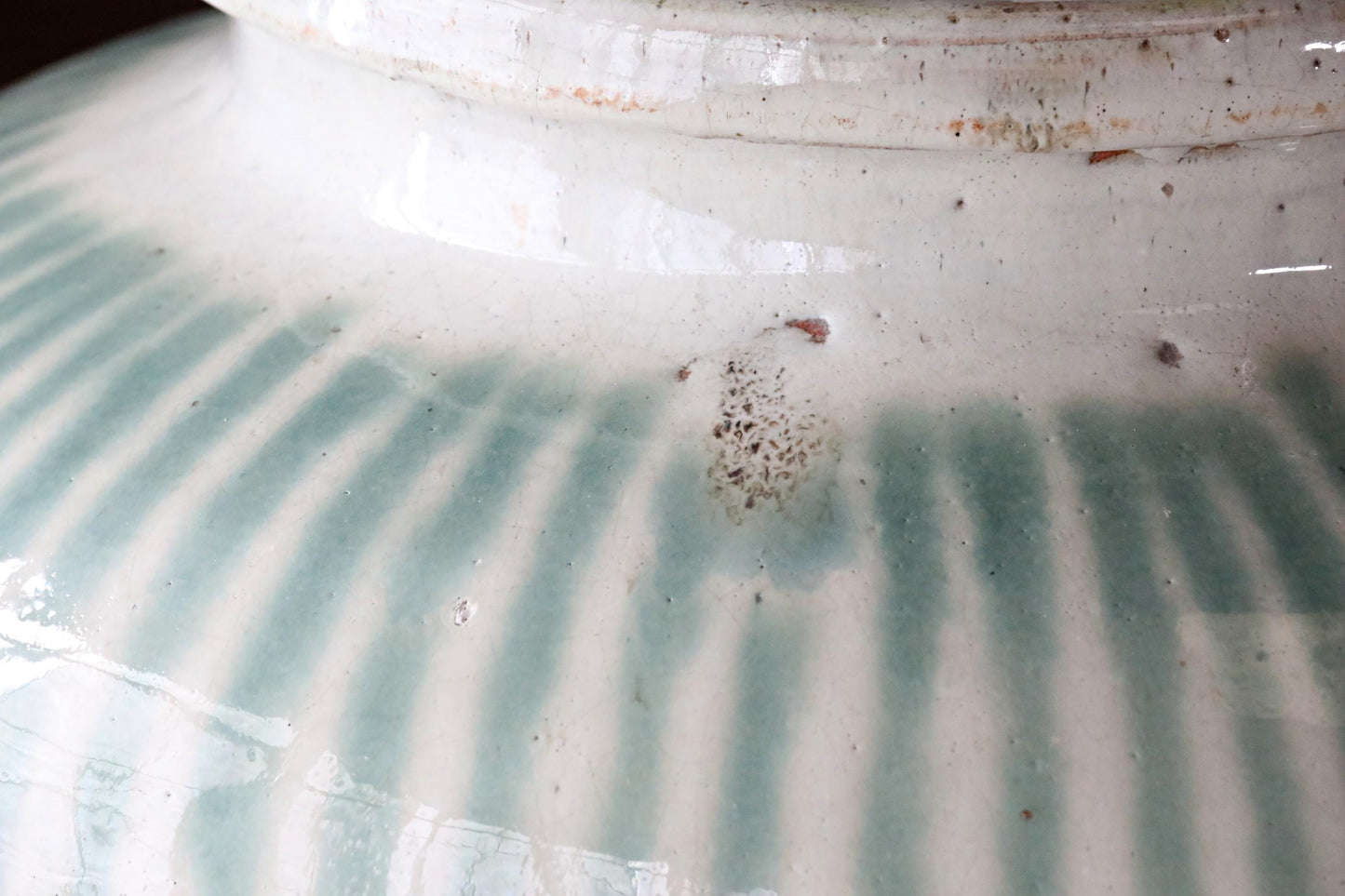 BIG! FINE! Japanese antique ceramic jar SHIGARAKI ware 1890s, Beautiful blue-green stripes like a waterfall, H19.3xW14.6/H49xW37cm
