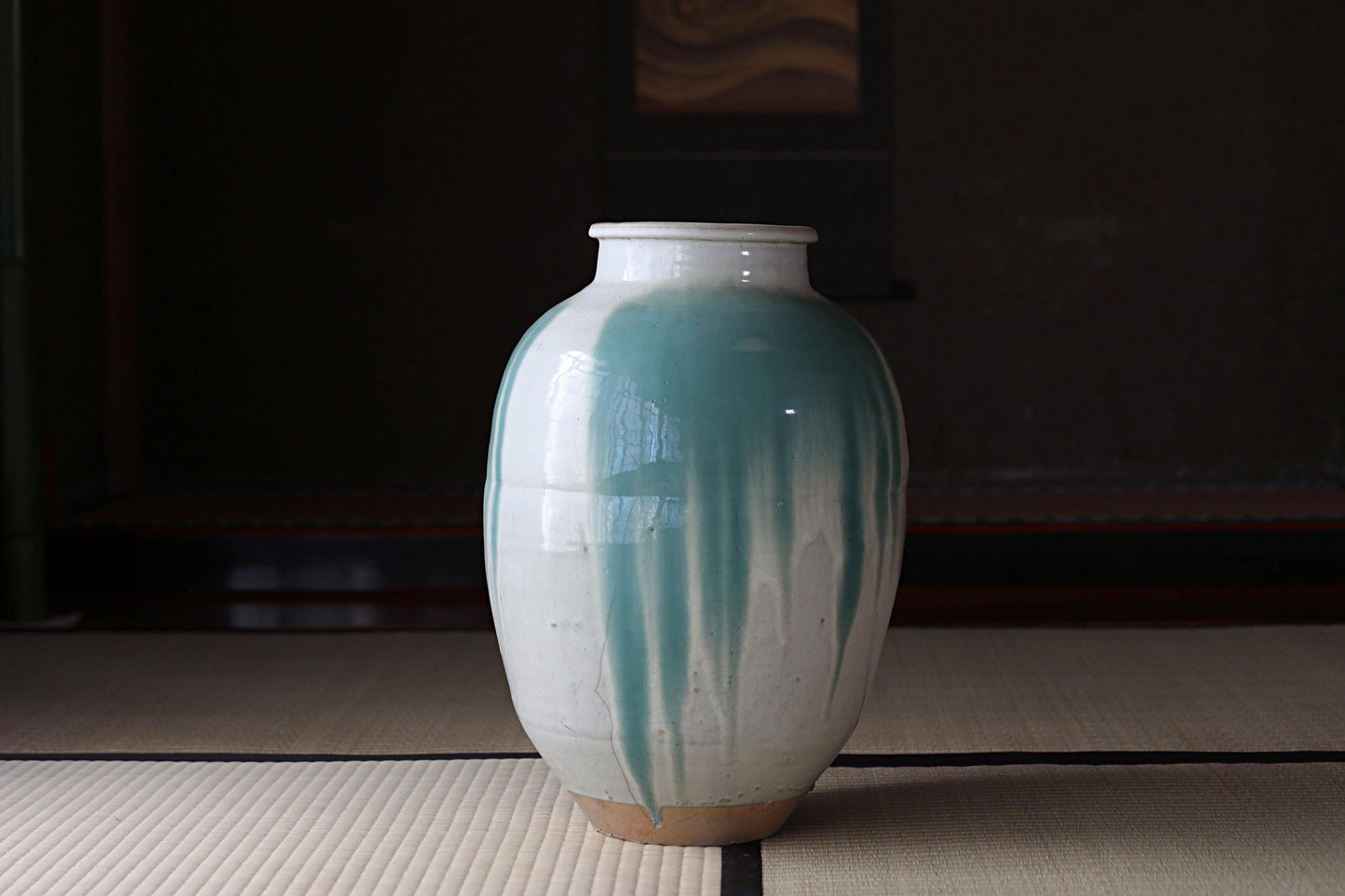 BIG! FINE! Japanese antique ceramic jar SHIGARAKI ware 1920s, Beautiful blue-green stripes like a waterfall, H17.3xW12.2/H44xW31cm
