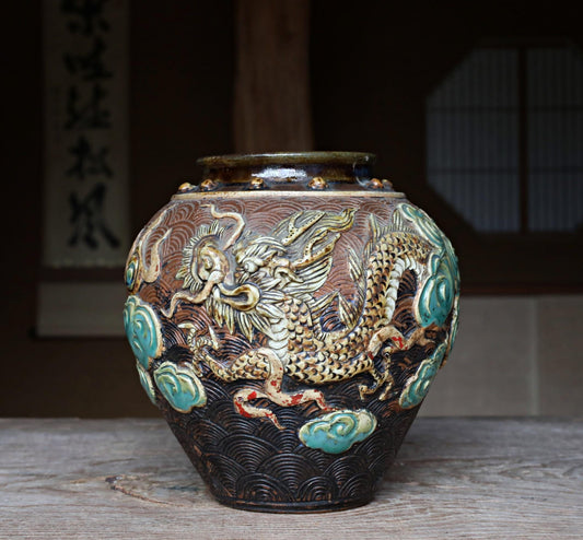 FINE! RARE! Japanese antique 1800s Dragon vase by Ryukyu Kingdom hand craft beautiful dragon and waves jar H8.3×7.9in/H21×20cm