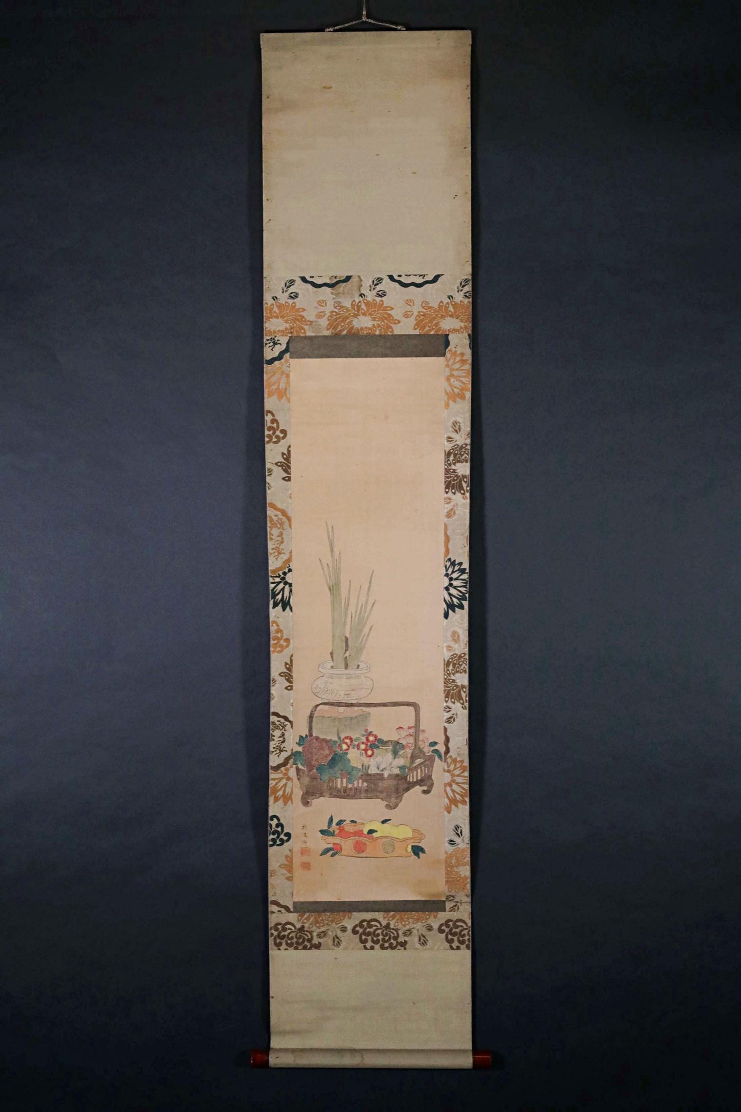 Japanese antique hanging scroll of water color painting on silk, ikebana, flower basket, Fruits KAKEJIKU with BOX 1920s H61in/H155cm