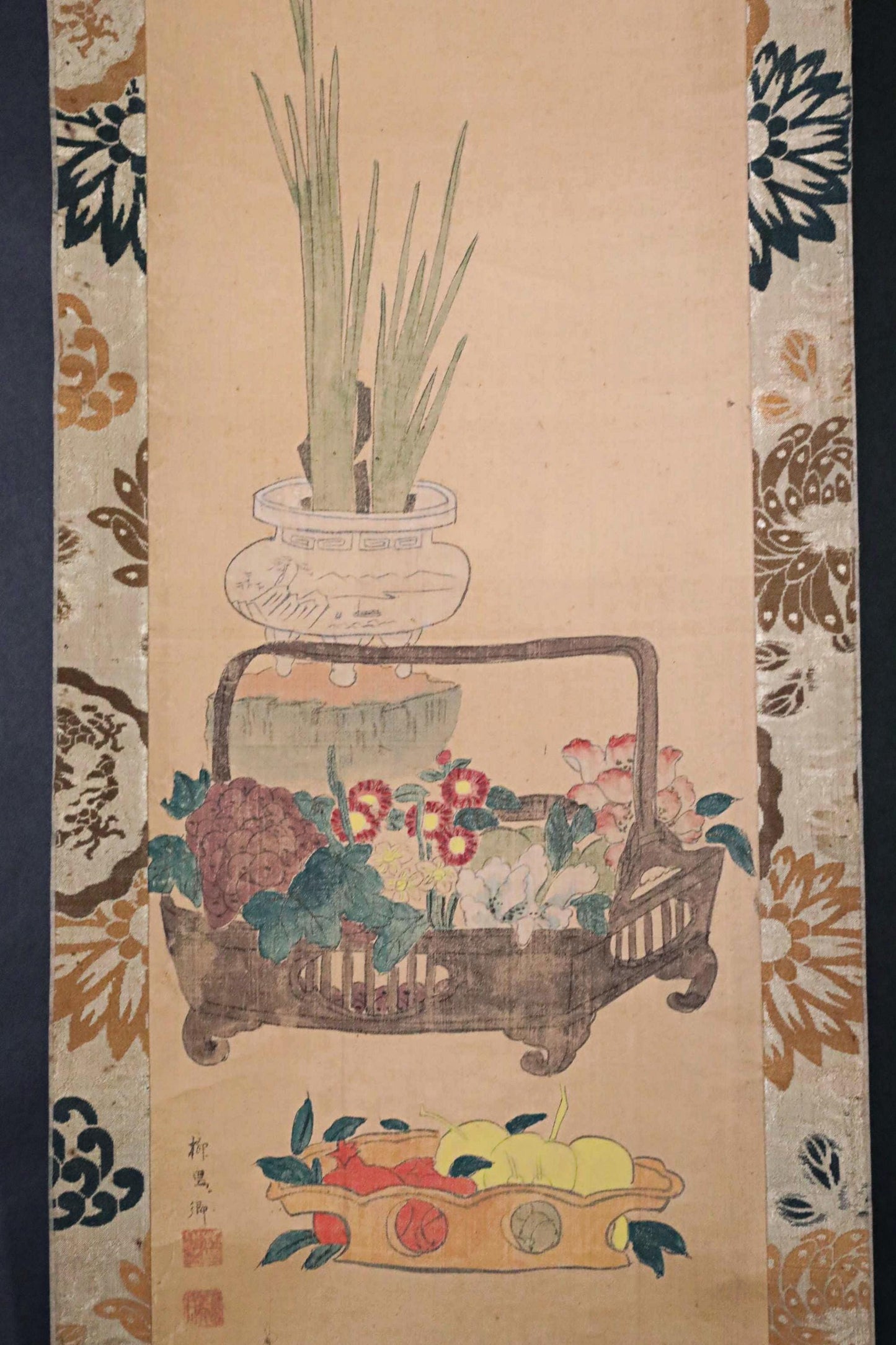 Japanese antique hanging scroll of water color painting on silk, ikebana, flower basket, Fruits KAKEJIKU with BOX 1920s H61in/H155cm