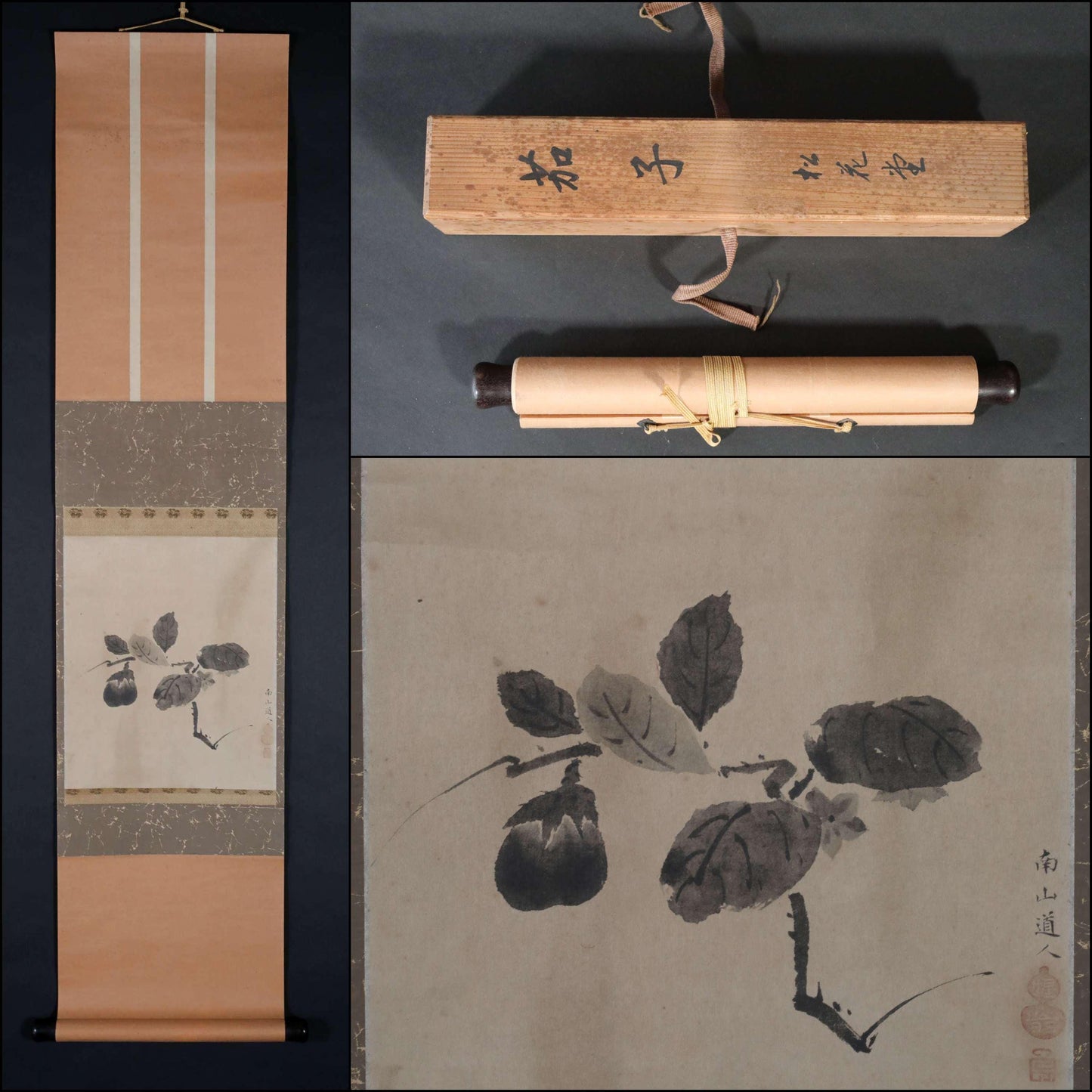 Japanese vintage hanging scroll for tea room Ink painting of eggplant with sign by buddhist monk sign box reproduction H45.7in/116cm