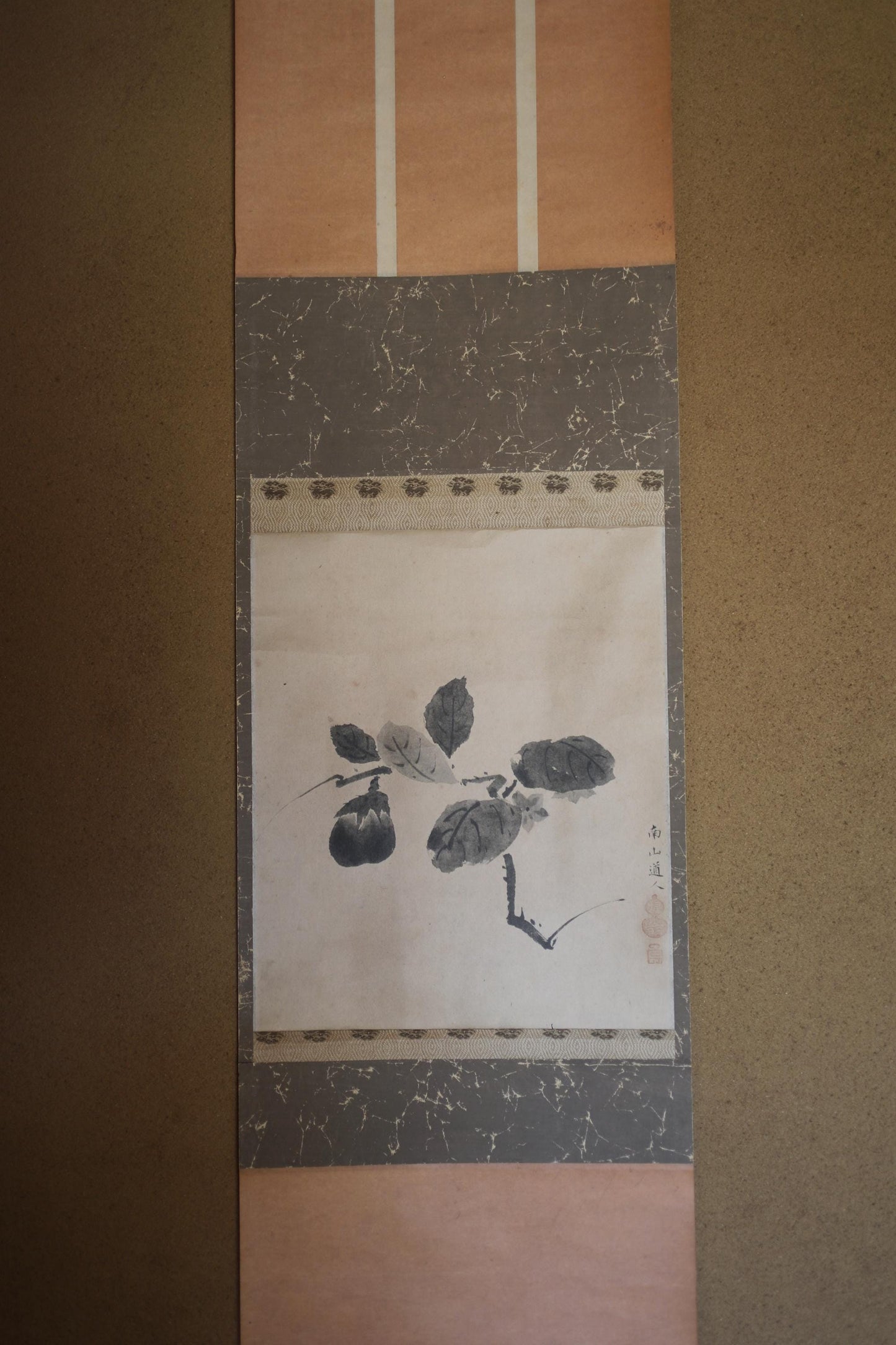 Japanese vintage hanging scroll for tea room Ink painting of eggplant with sign by buddhist monk sign box reproduction H45.7in/116cm