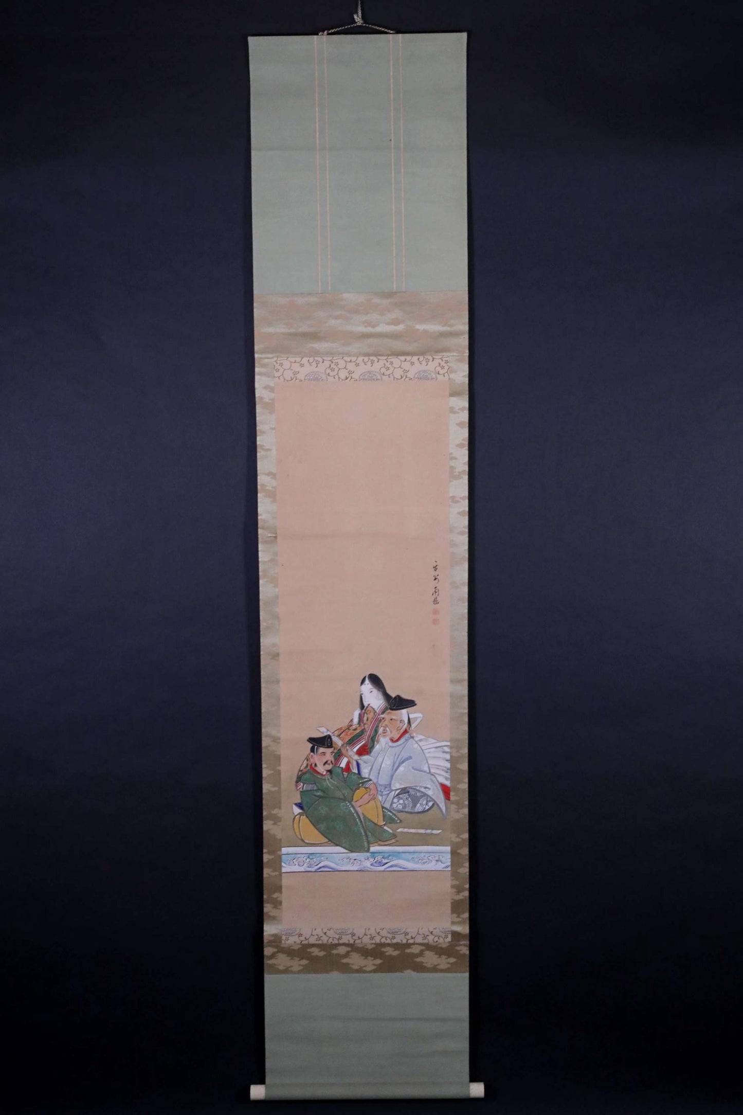 Japanese antique watercolor painting scroll of three nobles by Nangaku imitation, KAKEJIKU with BOX in 1900s Kanji signature H72in/H183cm