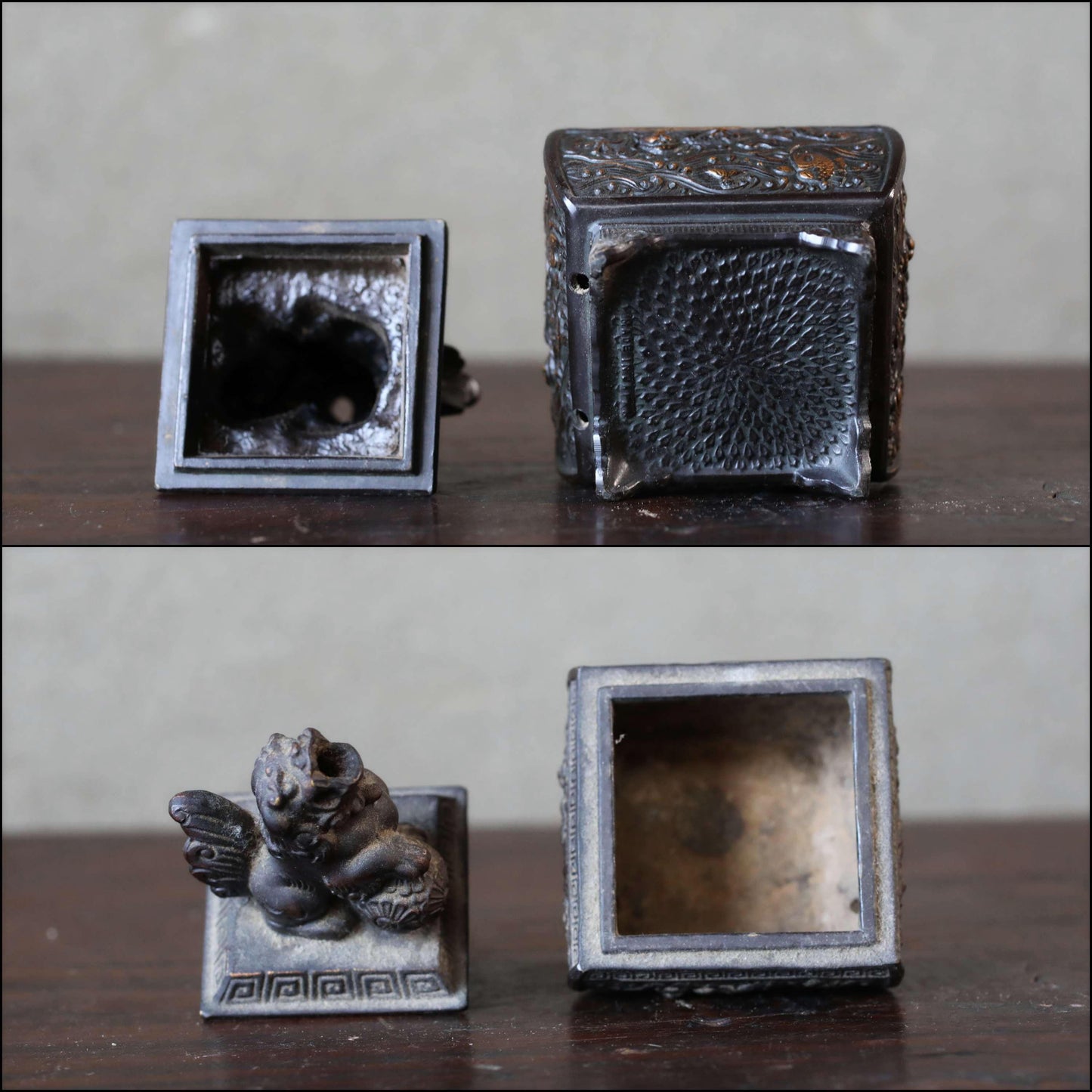 Japanese antique bronze small censer incense holder with shishi lion sign ,Smoke from the lion's mouth For GIFT H3.9in/H10cm