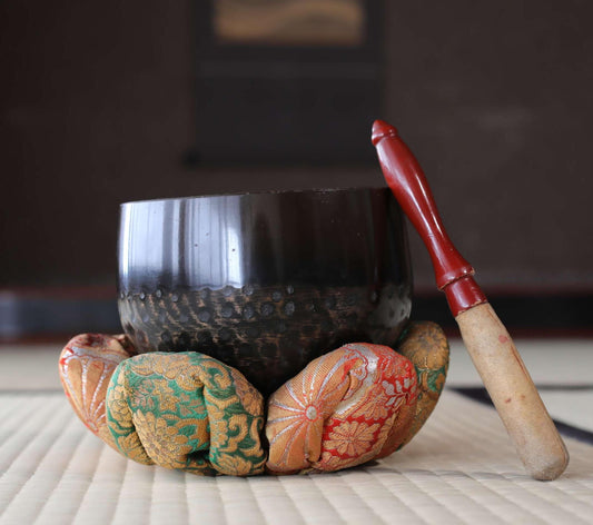 Japanese vintage Bronze buddhist chanting bell with flower design cushion, Singing Bowl, ORIN Buddhist temple with stick W5.5in/14cm
