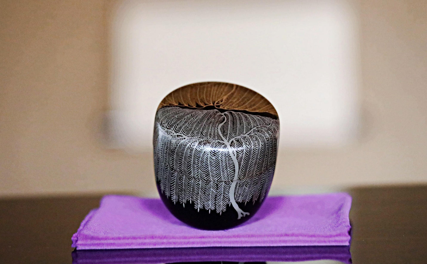 FINE!! RARE! Japanese vintage "matcha" green tea caddy with gold Silver willow tree Wajima Makie "棗 natsume" for tea ceremony H2.6in/H2.6cm