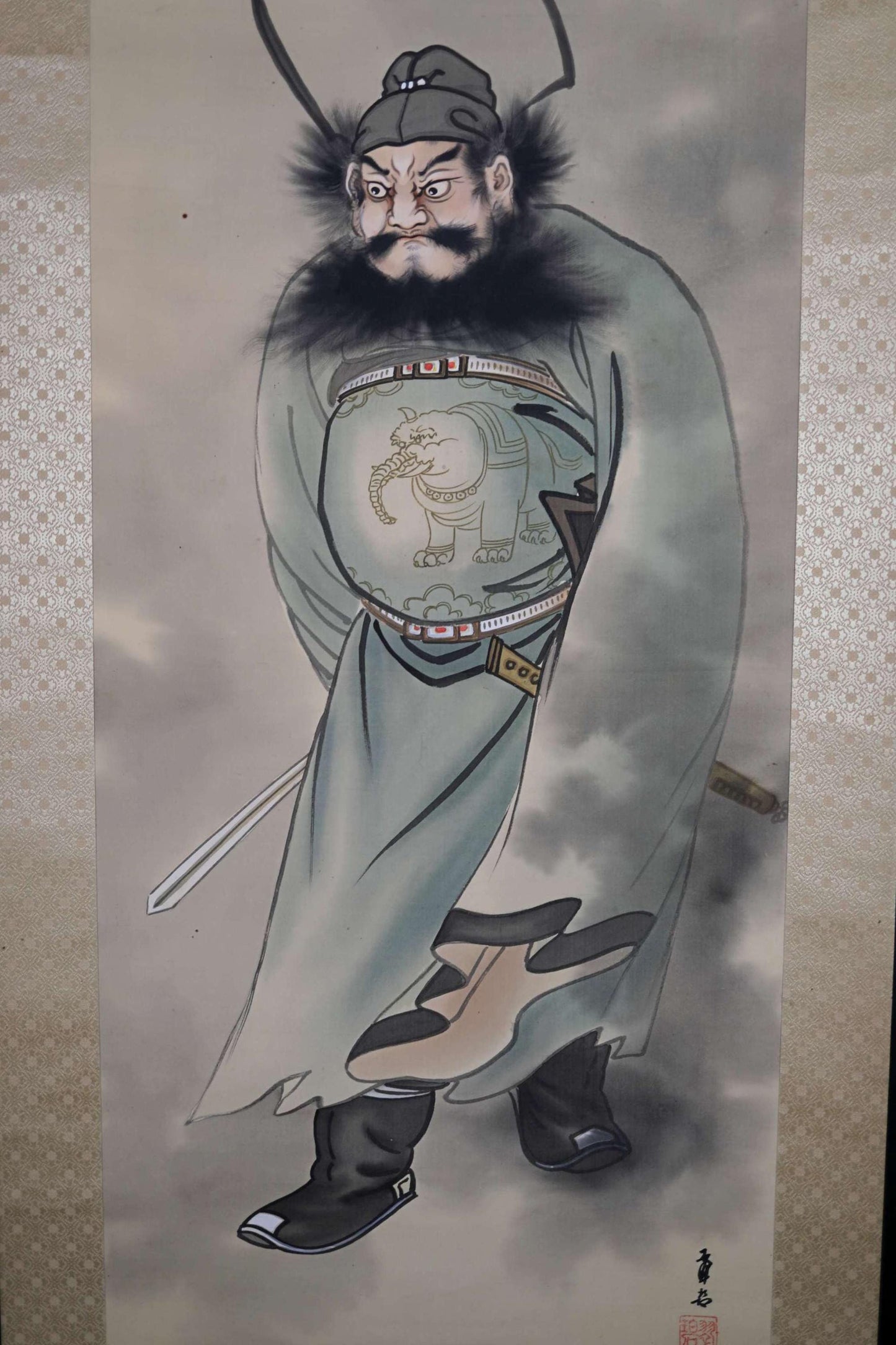 Japanese vintage hanging scroll of brush painting Chinese God, devil and tiger 鍾馗Zhong Kui H81.5x21.3in / 207x54cm