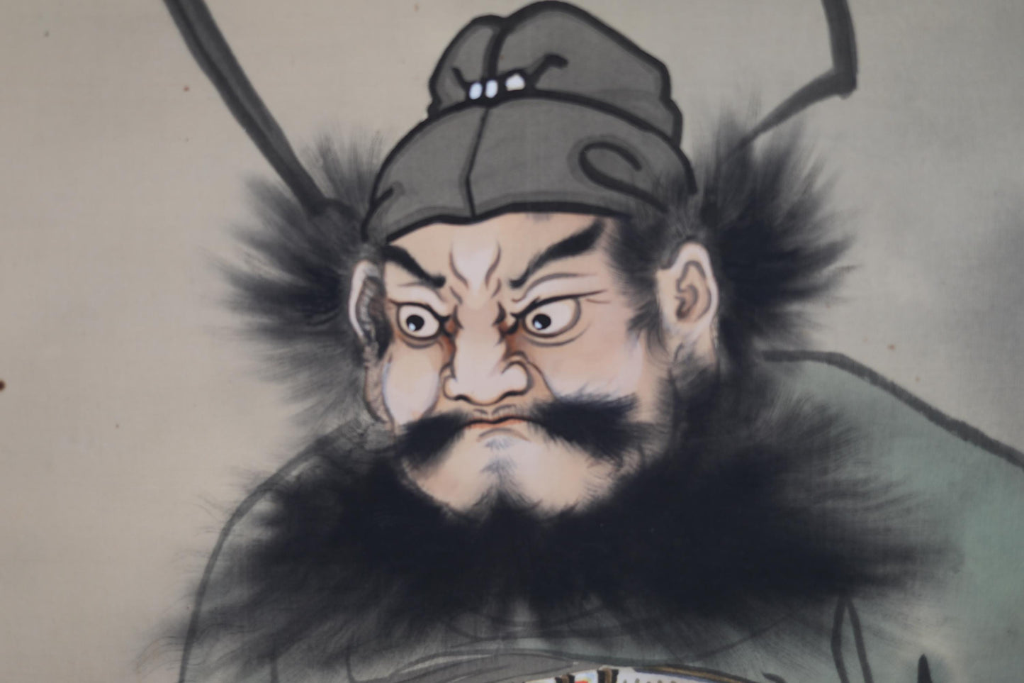 Japanese vintage hanging scroll of brush painting Chinese God, devil and tiger 鍾馗Zhong Kui H81.5x21.3in / 207x54cm