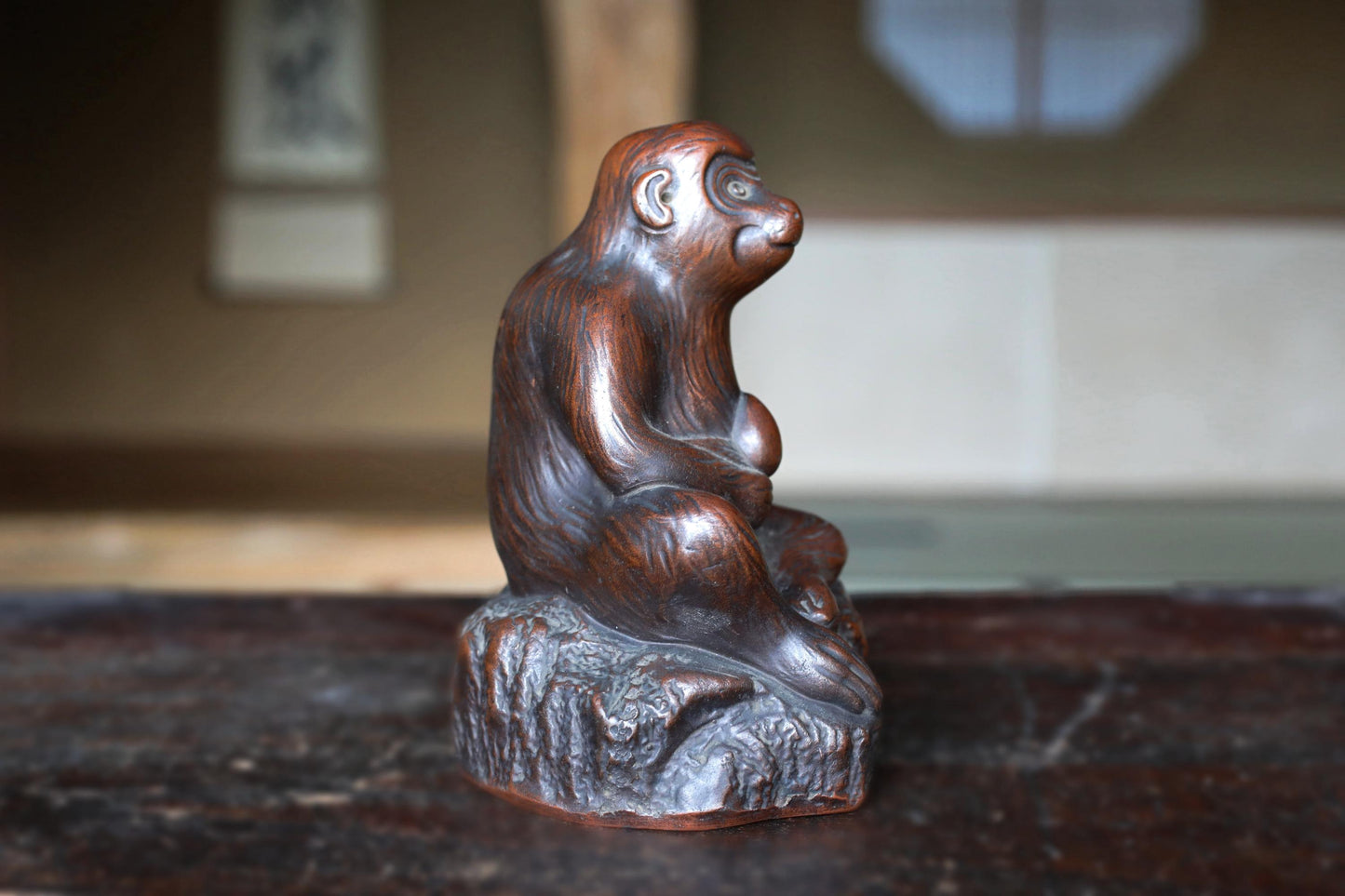 Japanese antique 1800s BIZEN Monkey with fruit doll statue with Kanji signature, animal ornament ceramic statue hand craft H5.9in/H15cm