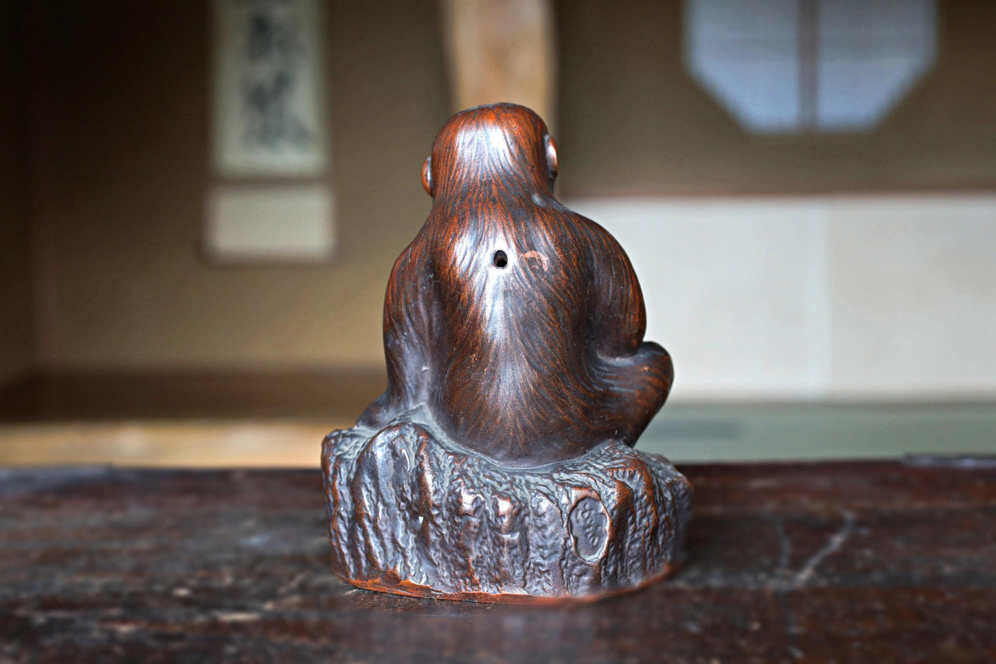 Japanese antique 1800s BIZEN Monkey with fruit doll statue with Kanji signature, animal ornament ceramic statue hand craft H5.9in/H15cm
