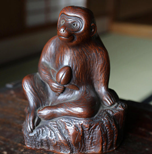 Japanese antique 1800s BIZEN Monkey with fruit doll statue with Kanji signature, animal ornament ceramic statue hand craft H5.9in/H15cm