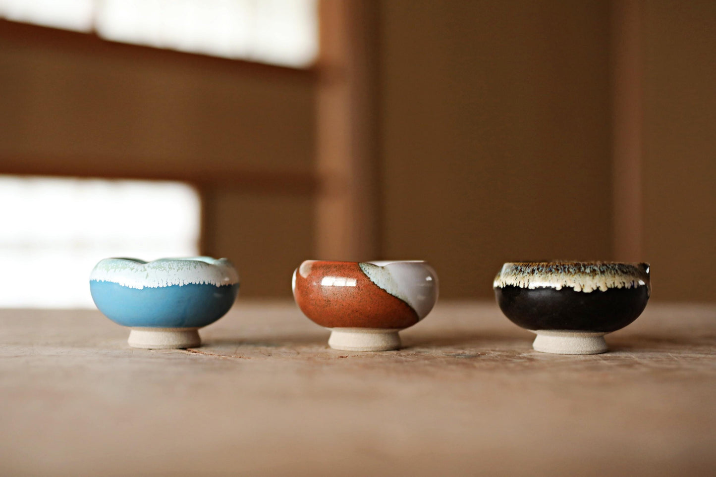 Japanese vintage set of 3 sake cups ARITA ware ceramic with Kanji signature box For GIFT H1.4×2.6in