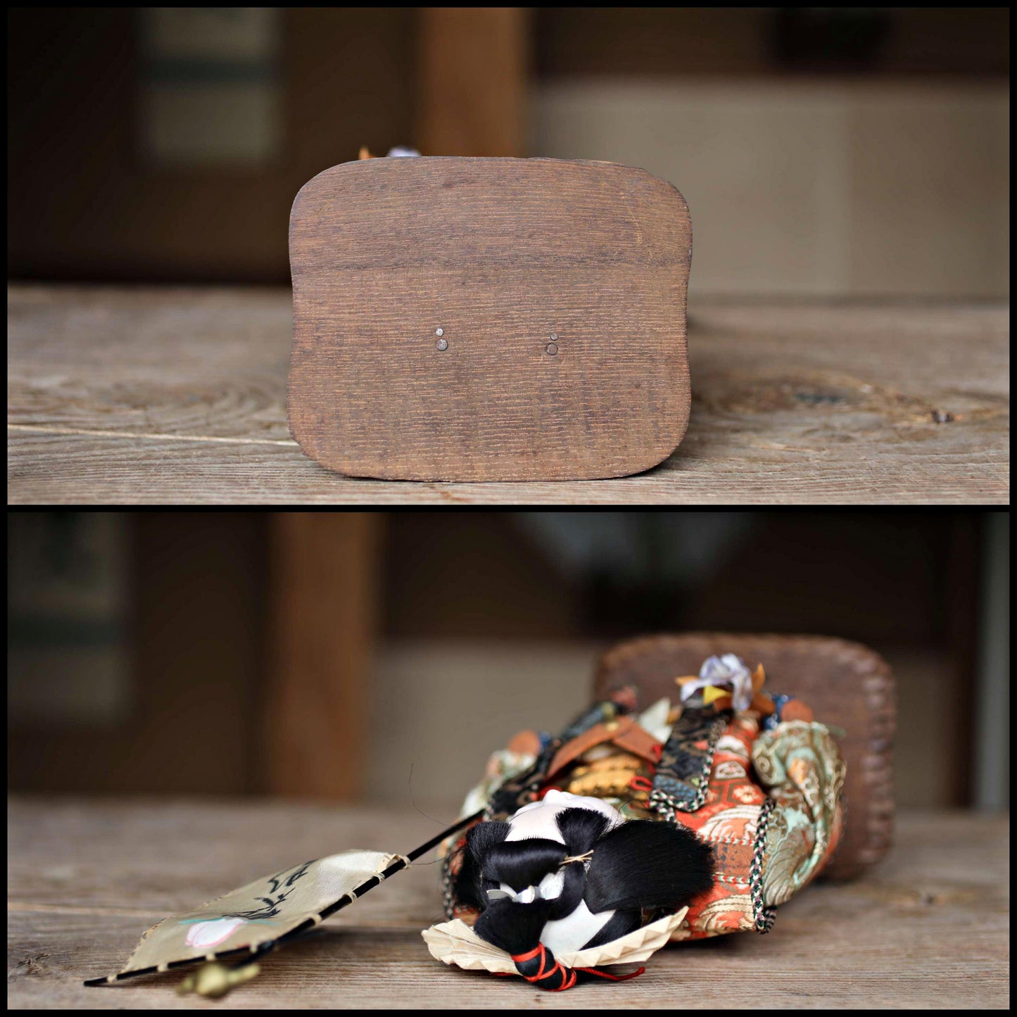 FINE! Japanese vintage 1960s Kabuki doll named "桃太郎 Monster Hunter" made of wood and silk KIMONO for Gift H11.8×6.7in/H30×17cm