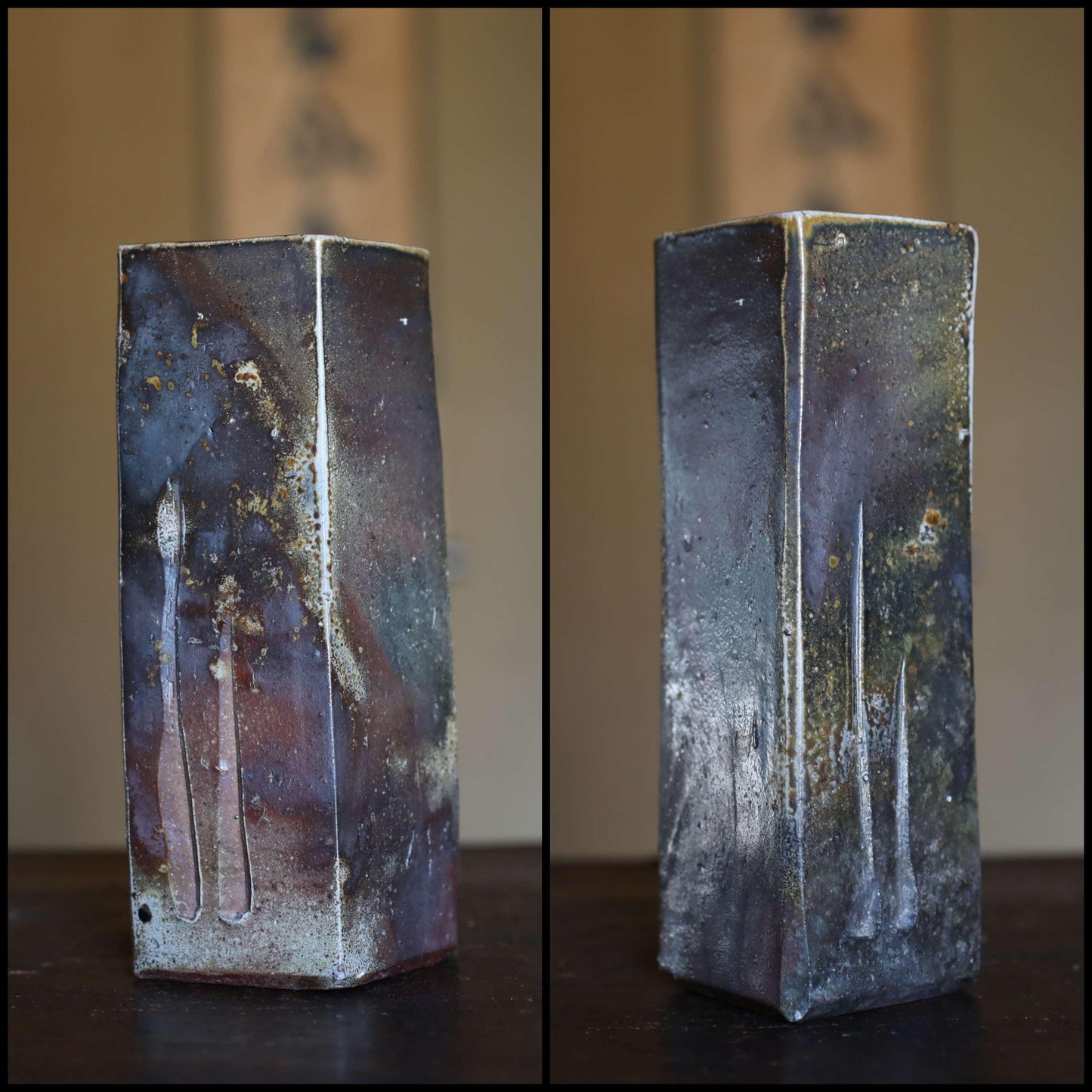 Japanese vintage vase "BIZEN ware" pottery flower vase, rhombus tube shape with a signatured wooden box H7.7xW3.5in/ 19.5x9cm