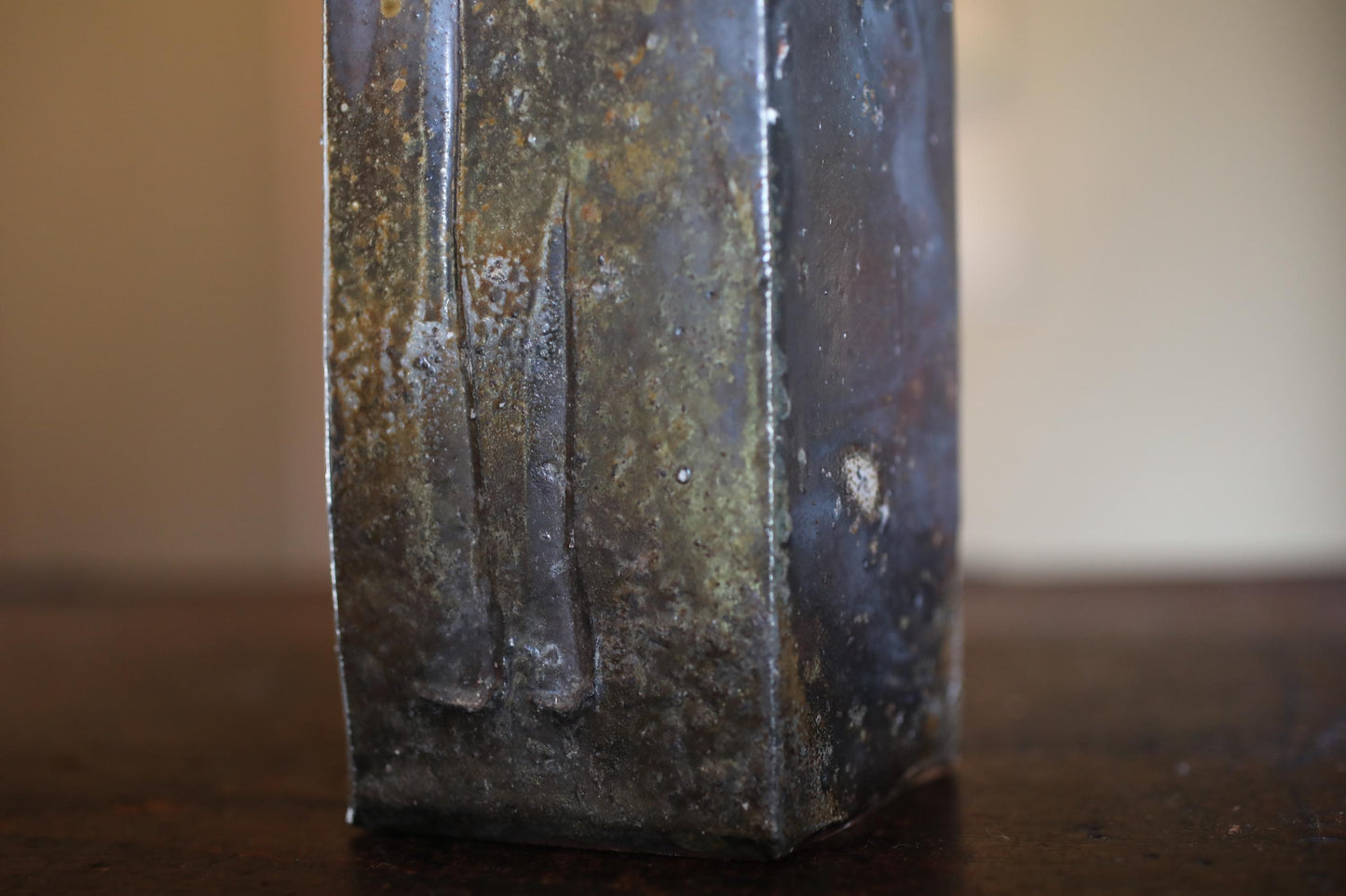 Japanese vintage vase "BIZEN ware" pottery flower vase, rhombus tube shape with a signatured wooden box H7.7xW3.5in/ 19.5x9cm