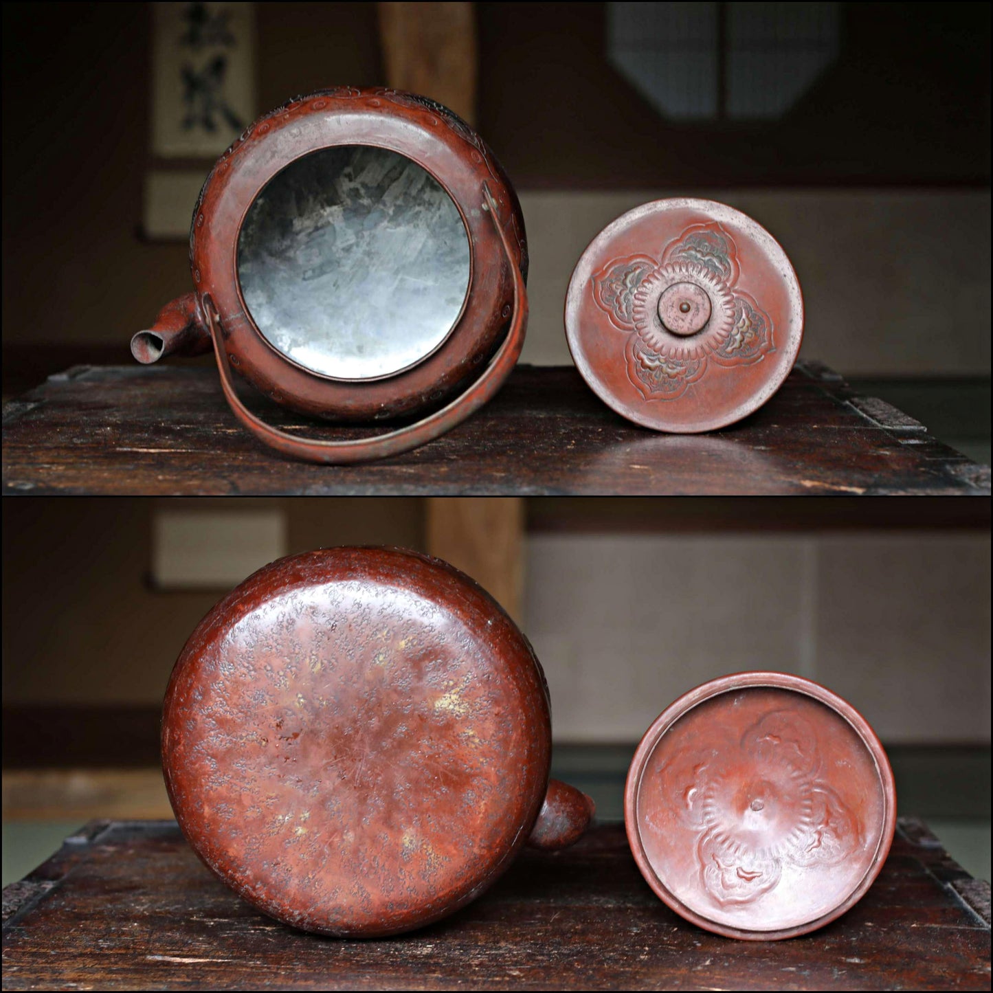Japanese antique copper kettle tea pot 1930s reddish brown hand metal craft kitchen ware tableware tea pot, tea ceremony H8.9in/H22.5cm