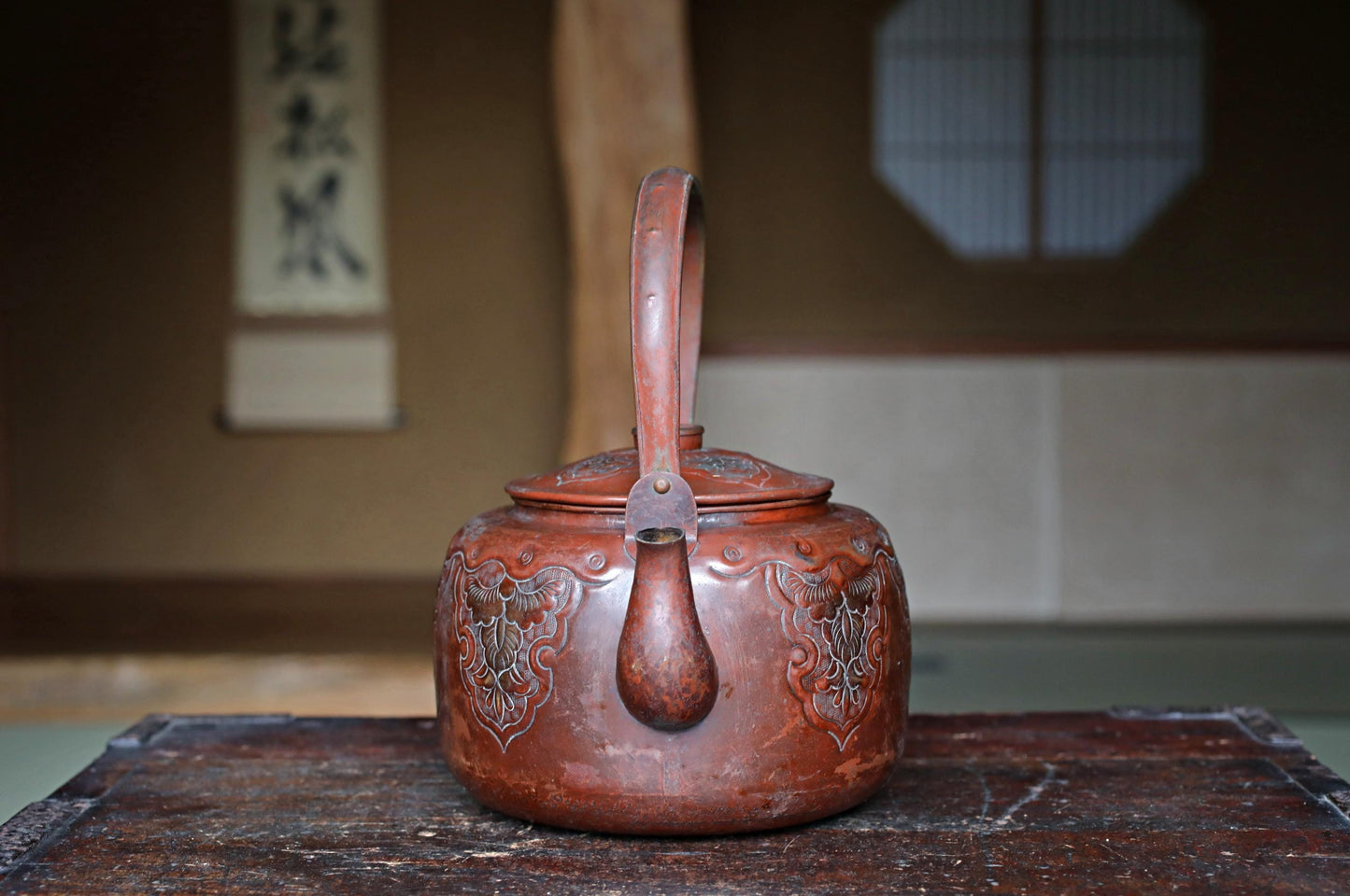 Japanese antique copper kettle tea pot 1930s reddish brown hand metal craft kitchen ware tableware tea pot, tea ceremony H8.9in/H22.5cm