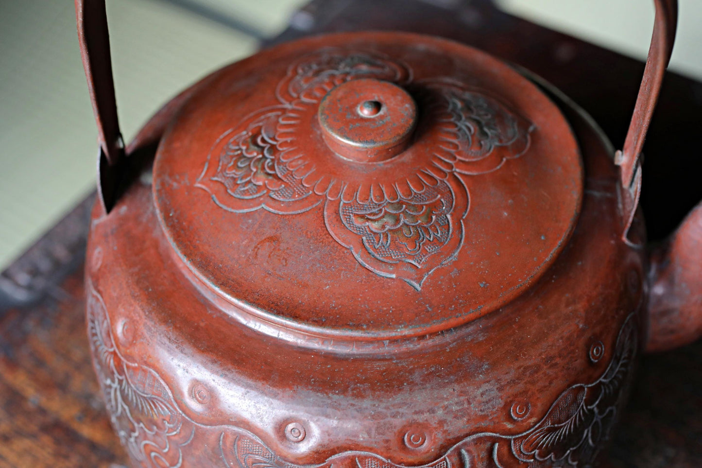 Japanese antique copper kettle tea pot 1930s reddish brown hand metal craft kitchen ware tableware tea pot, tea ceremony H8.9in/H22.5cm