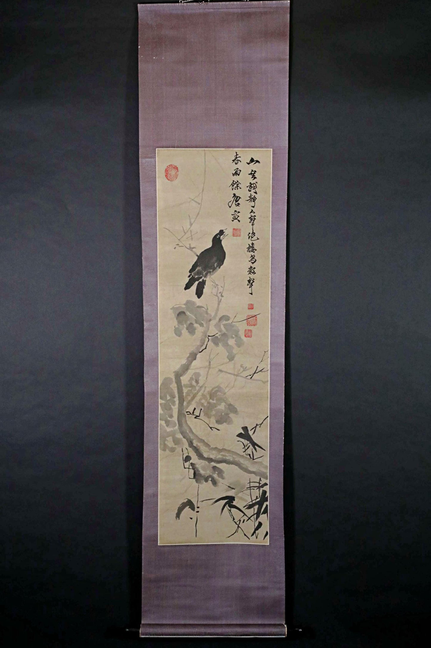 Japanese Chinese antique 1900s hanging scroll of India-ink painting ,crow on tree with sign KAKEJIKU H70.5in/179cm