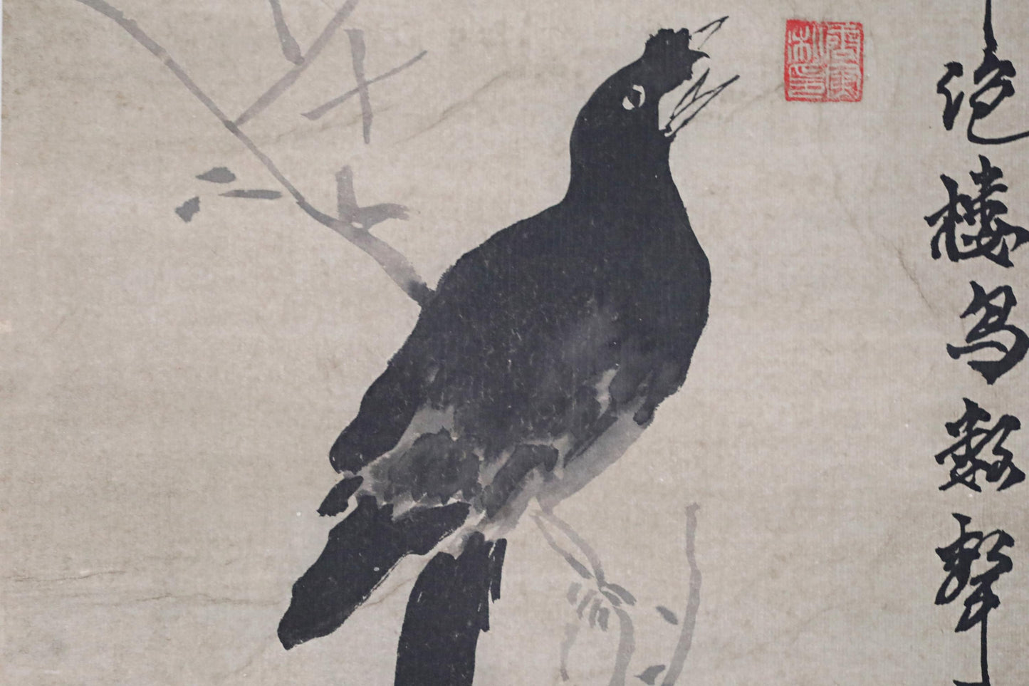 Japanese Chinese antique 1900s hanging scroll of India-ink painting ,crow on tree with sign KAKEJIKU H70.5in/179cm