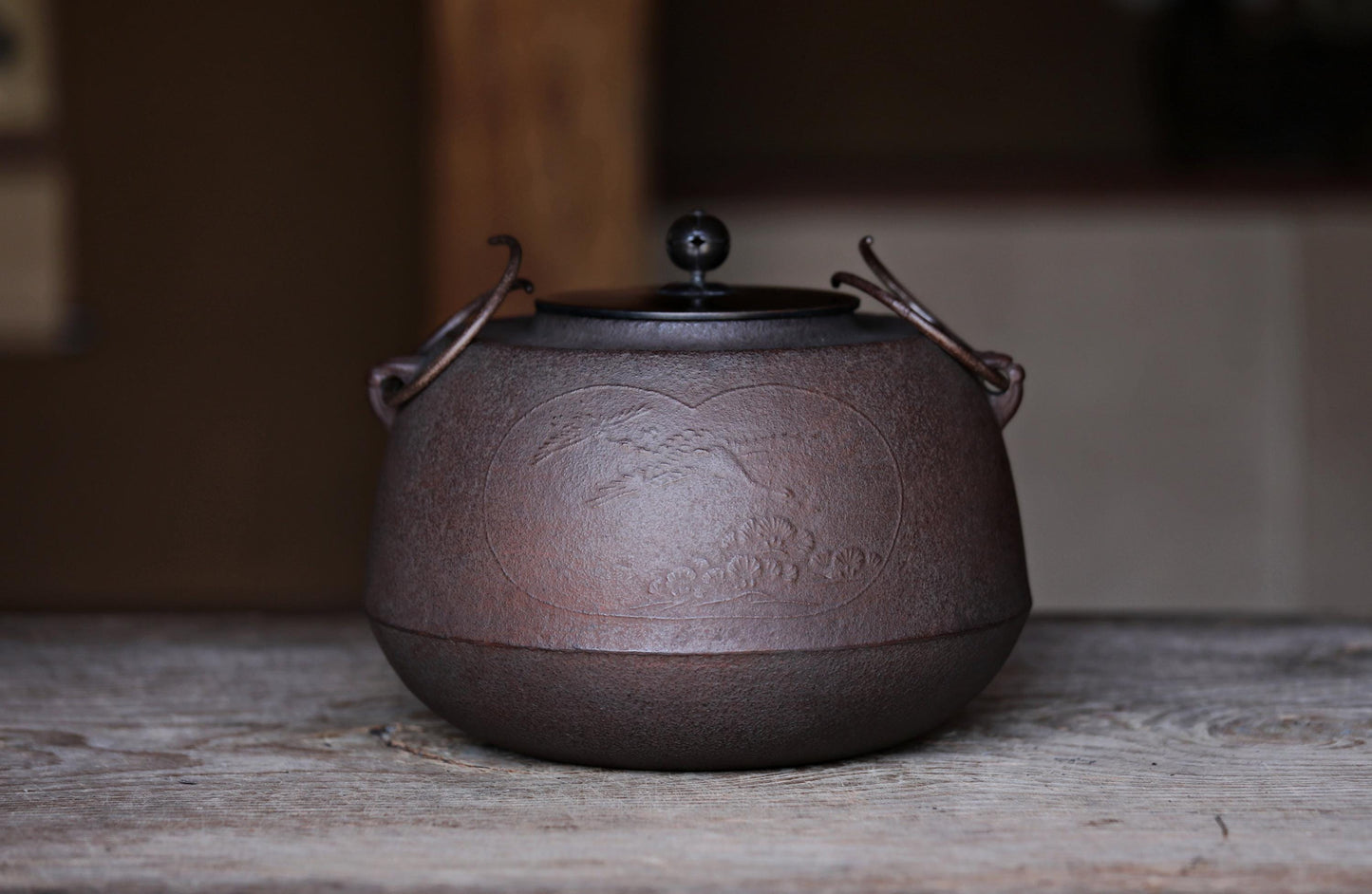 FINE! Japanese vintage cast iron kettle For Tea ceremony with Signed copper lid crane bird Chagama with BOX H7.9×9.8in/H20×25cm Ready to use