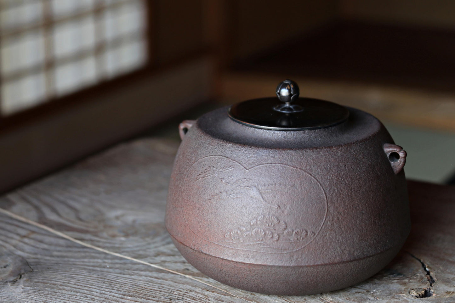 FINE! Japanese vintage cast iron kettle For Tea ceremony with Signed copper lid crane bird Chagama with BOX H7.9×9.8in/H20×25cm Ready to use