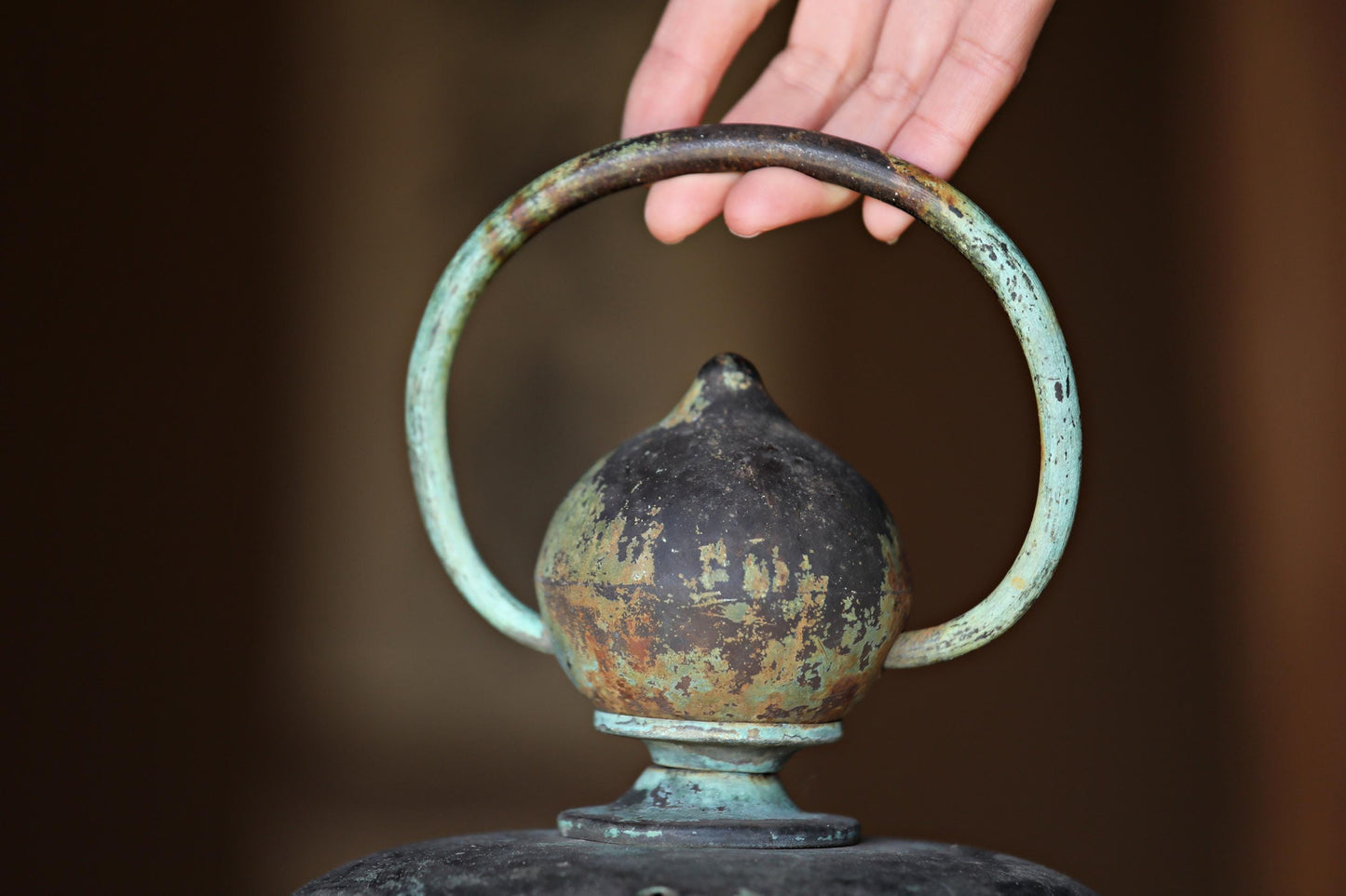 RARE! BIG! Japanese Antique 1800s bronze Lantern Buddhist temple, garden lamp Hanging Lantern Tsuridoro open work H16.1in/H41cm