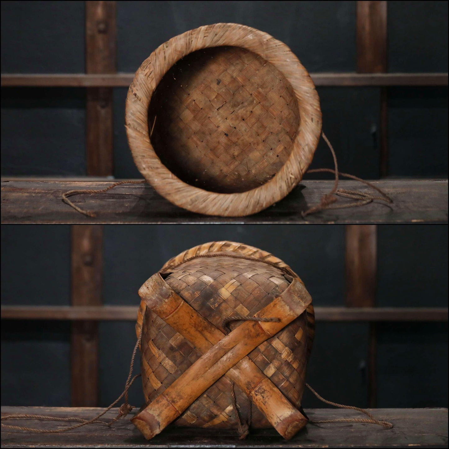 Japanese old antique Large box farmer's old bamboo backpack with Kanji KAGO basket hand craft, 1858s H13.4in×W13.4in/H34×W34cm